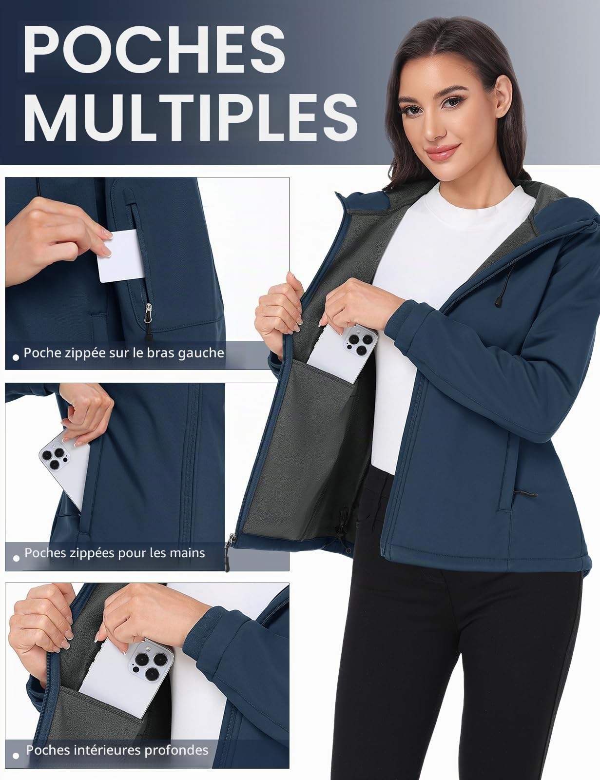 CMTOP Veste Softshell Femme Doublé Polaire Chaud Parka Imperméable À Capuche, Hydrofuge Coup-Vent Veste de Pluie d'Extérieur Veste mi Saison avec Poches À Fermeture Éclair