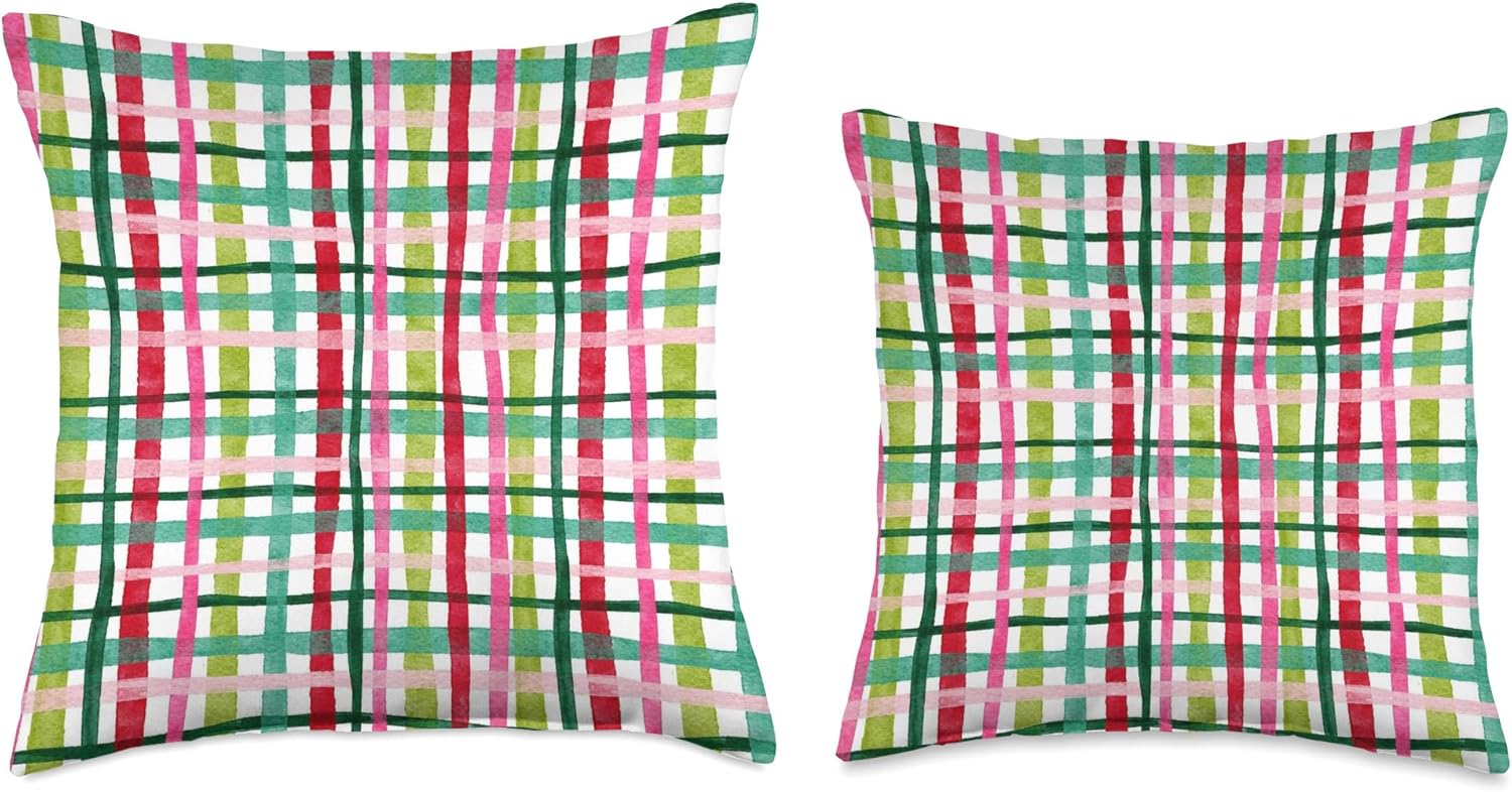 Christmas Plaid Red Green and Pink Tartan Holiday Pattern Throw Pillow