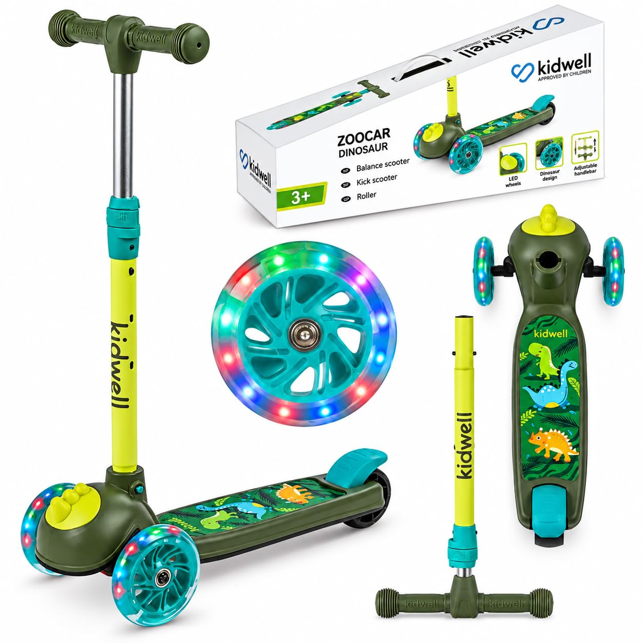Kidwell ZOOCAR Dinosaur 3 Wheel Kids Scooter with LED Light Up Wheels, Adjustable Handlebar, Lean to Steer Balance Scooter, Anti Slip Deck, Rear Brake, for Boys & Girls Age 3+