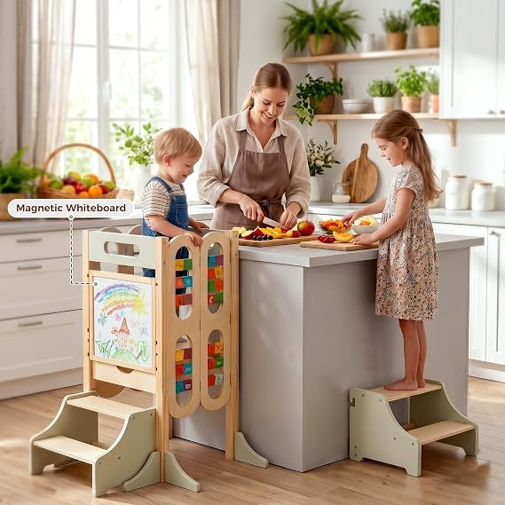 aiwo Foldable Toddler Tower with 2 Step Stool Kitchen Stool Standing Helper