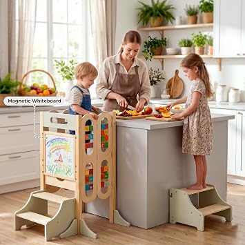 aiwo Foldable Toddler Tower with 2 Step Stool Kitchen Stool Standing Helper