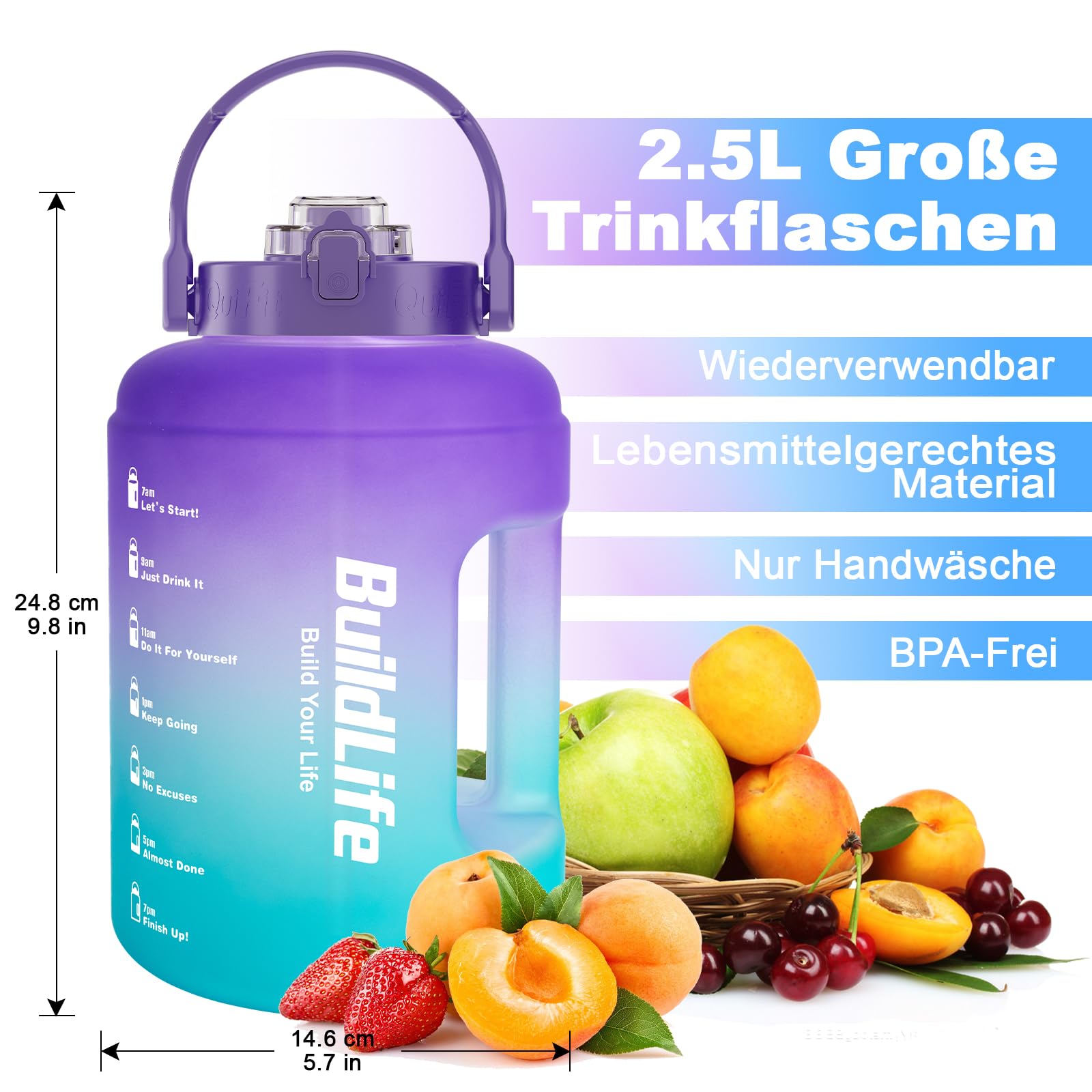 Borraccia Sportiva 2,5 Litri Con Indicatore Tempo - Senza BPA, Coperchio 2in1, Portatelefono, Motivazionale - Foto 4