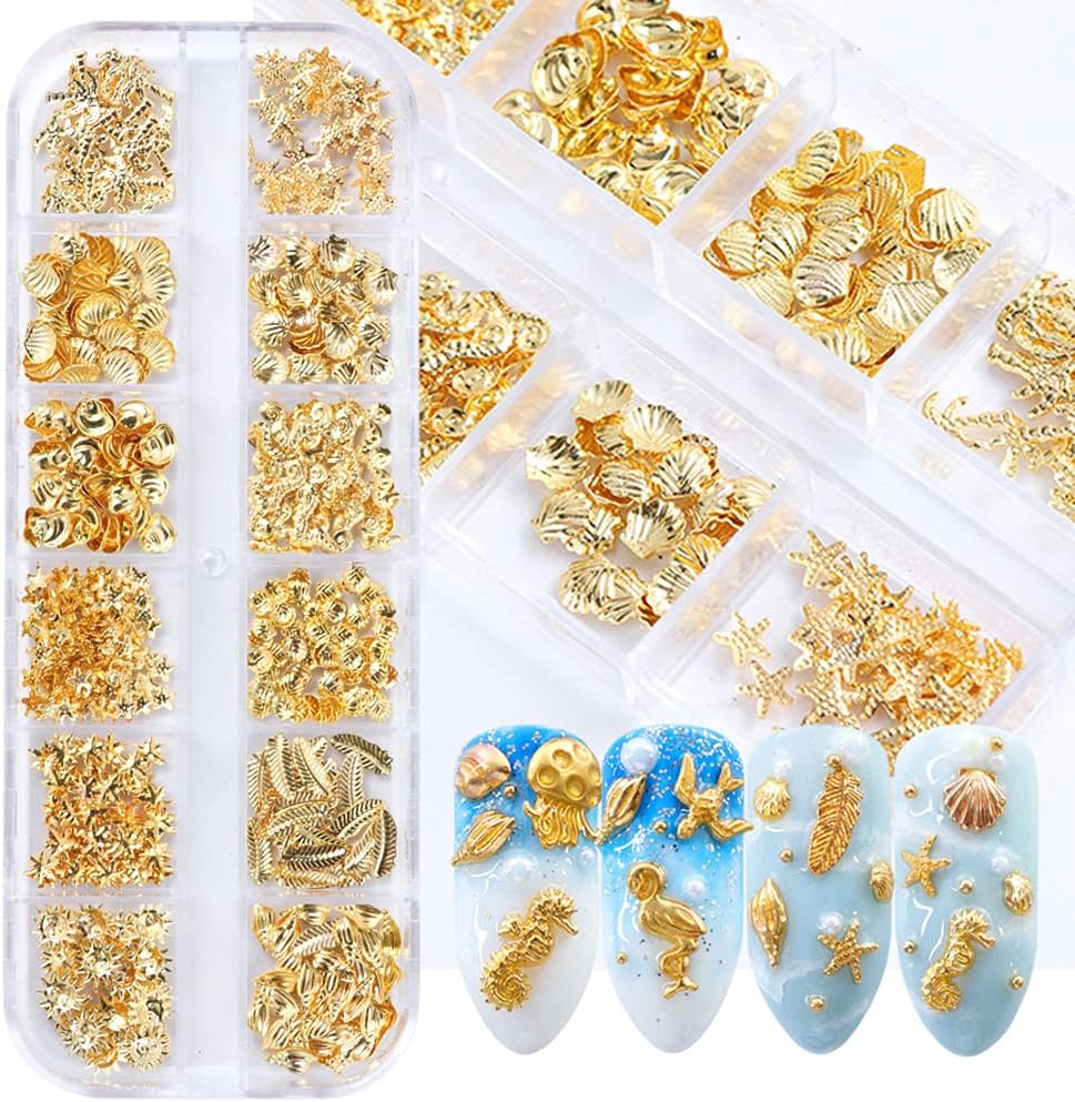 3D Metal Nail Decals - 12 Shapes, Holographic Glitters & Sequins Gold Art Supplies Kit - Seahorse, Leaf, Starfish Nails Charms & Sparkles for Acrylic Designs