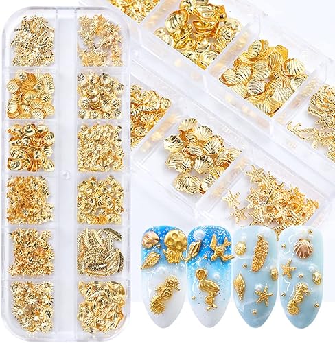 Calcomanías de metal 3D para uñas, 12 formas, purpurina holográfica y lentejuelas, kit de suministros de arte dorado, caballito de mar, hojas,