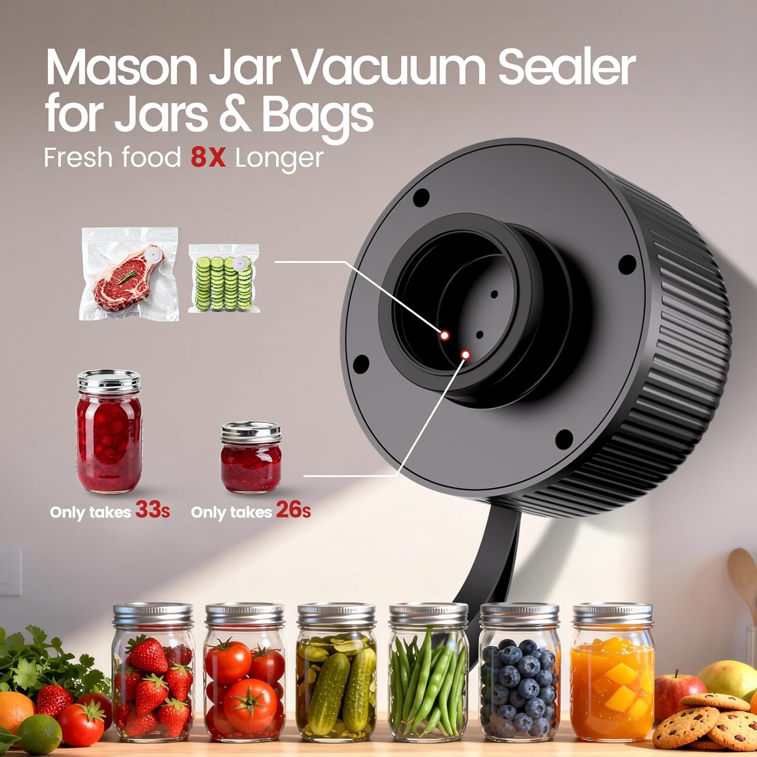Mason jar vacuum sealer for All Your Food Storage: Wide Mouth Jars, Regular Mouth Jars and Vacuum Bags, Powerful Compact mason genie vacuum sealer kit,Portable Food Sealer Keep Food Fresh Longer