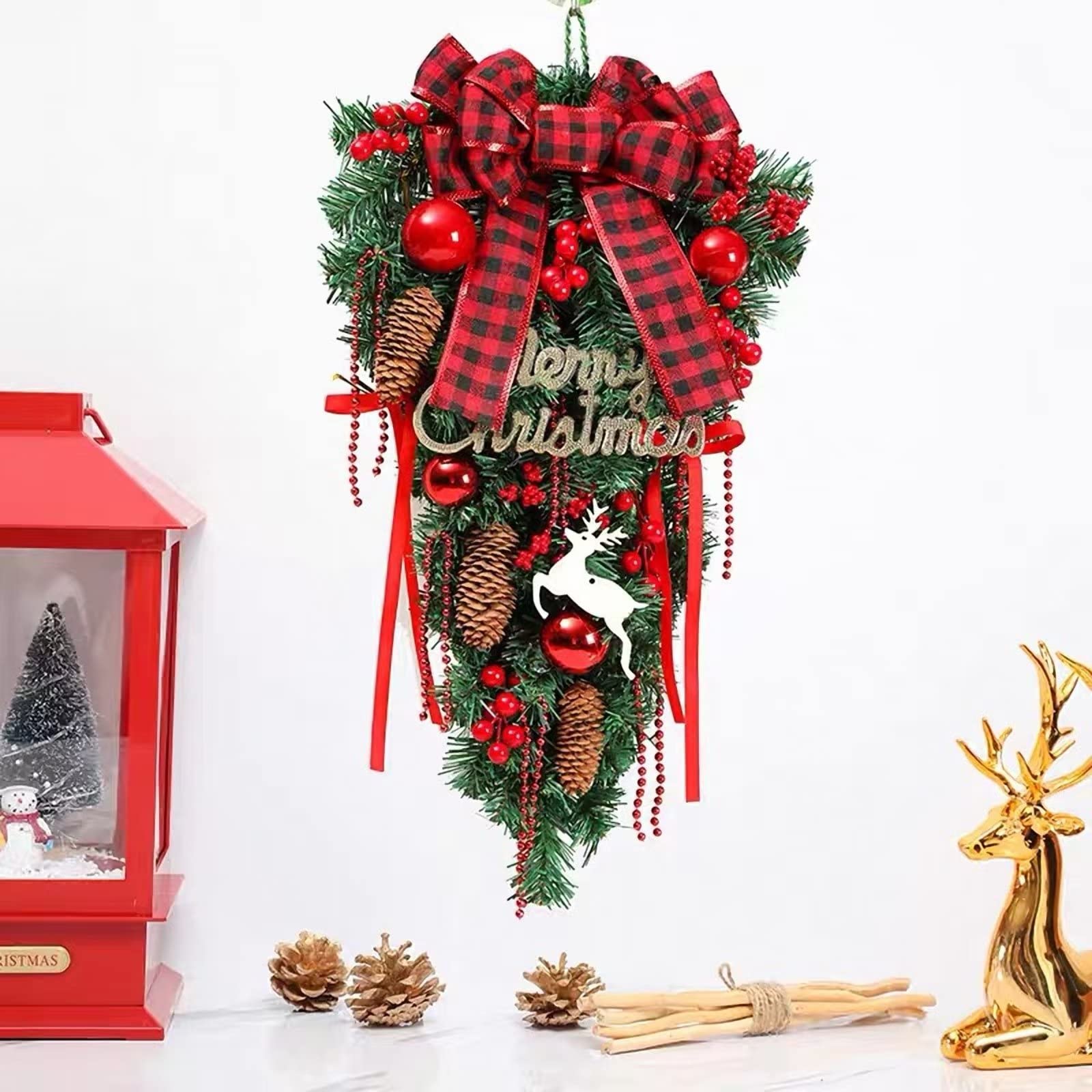 Plancholo 24'' Christmas Teardrop Swag, Artificial Swag Wreath Decoration with Christmas Ball Pine Cone Berry Buffalo Plaid Bow for Front Door Window Xmas Home Decor, Red (TeardropSWA712N53)