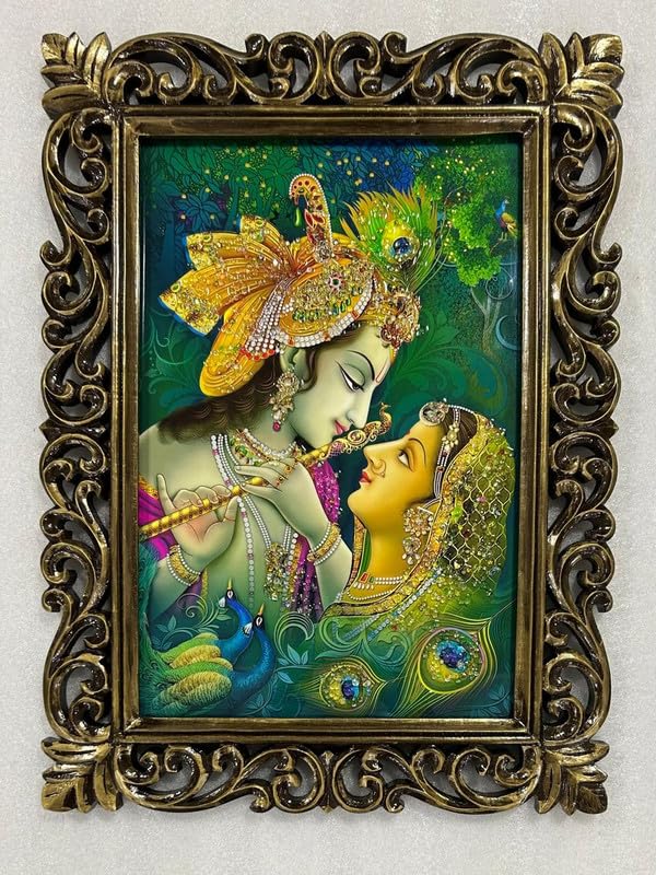 Art Radha Krishna en pierre de cristal et cadre en bois sculpté Duco