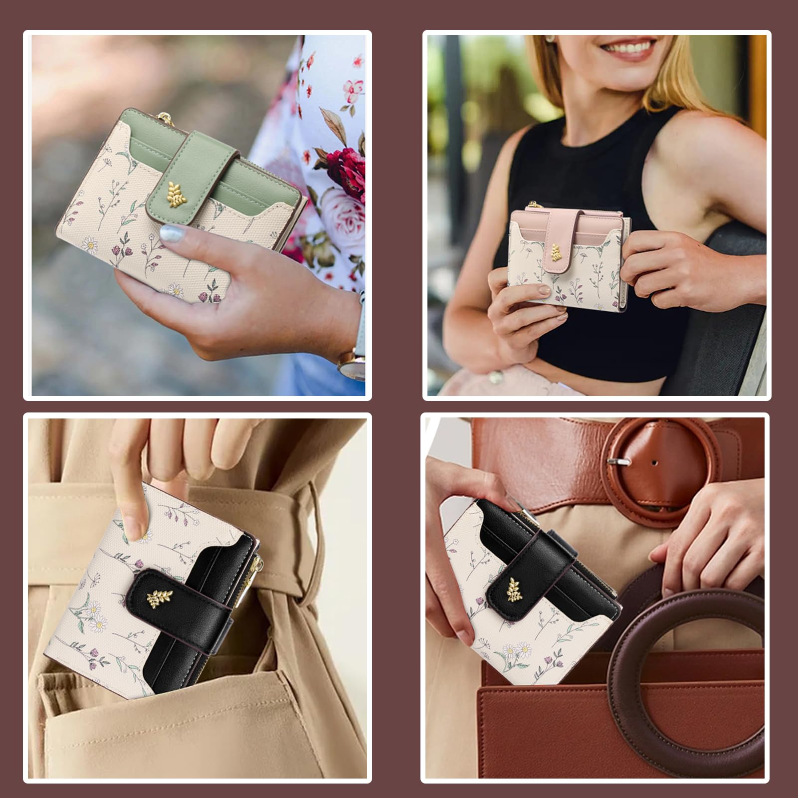 Carteras pequeñas para mujer, de cuero, plegable, con cremallera, con bolsillo para tarjetas de crédito, monedero con ventana de identificación, A04 Flor Negra, Classic