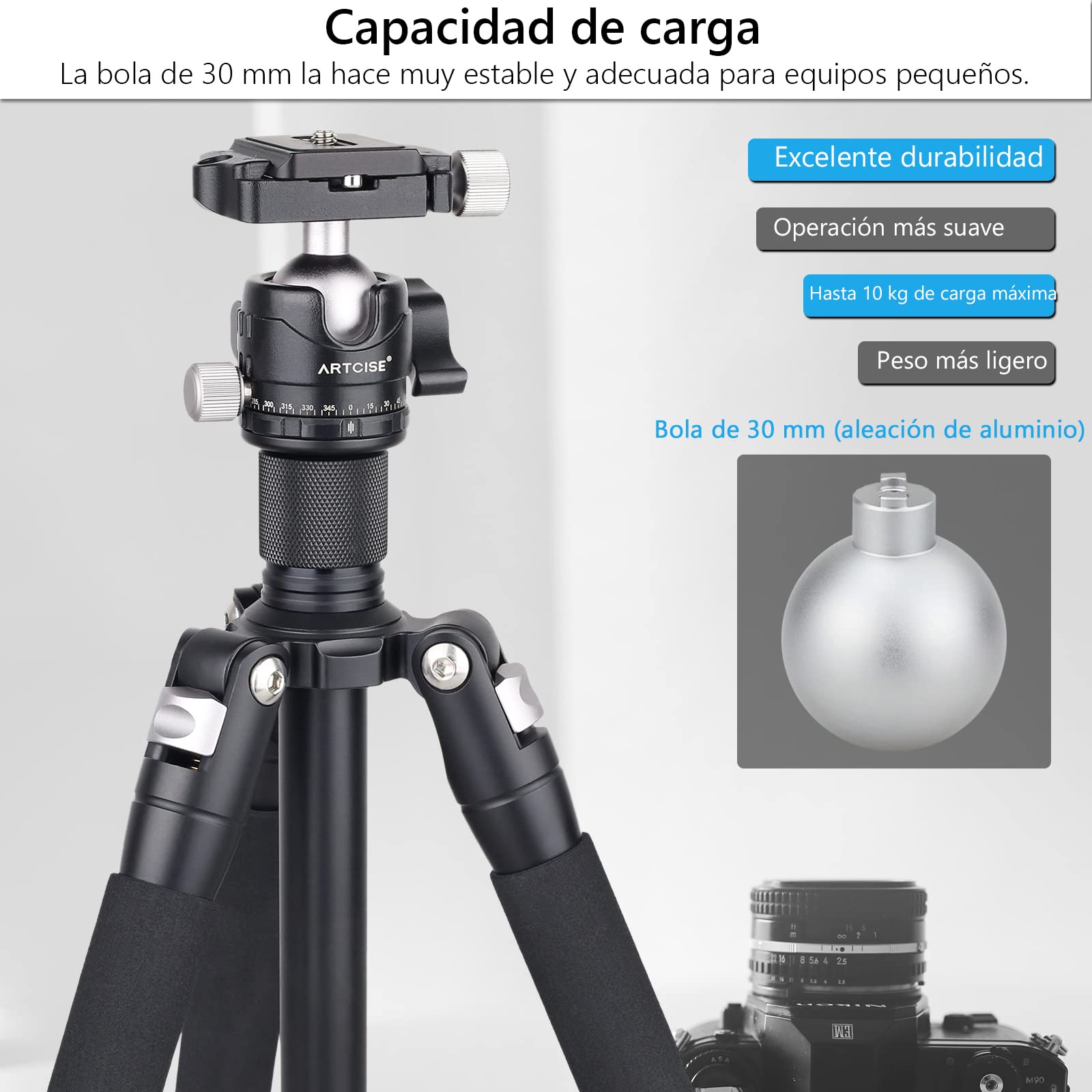 Cabezal de trípode de perfil bajo, ARTCISE EB30S Mini cabeza de bola de metal de 30 mm de diámetro, placas de liberación rápida de 1/4 ", 3 tornillos de conversión de 1/4" a 3/8 "para cámara, DSLR