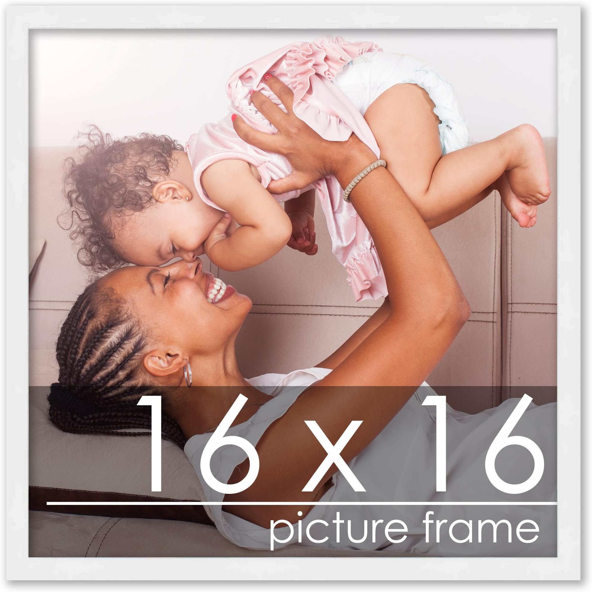 16x16 Contemporary White Wood Picture Square Frame - UV Acrylic, Foam Board Backing, & Hanging Hardware Included!