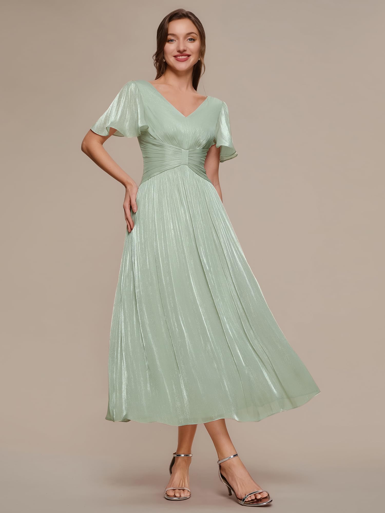 Ever-Pretty Kleid für Hochzeitsgäste Midi Sommer Kurzarm Abendkleider EG02770