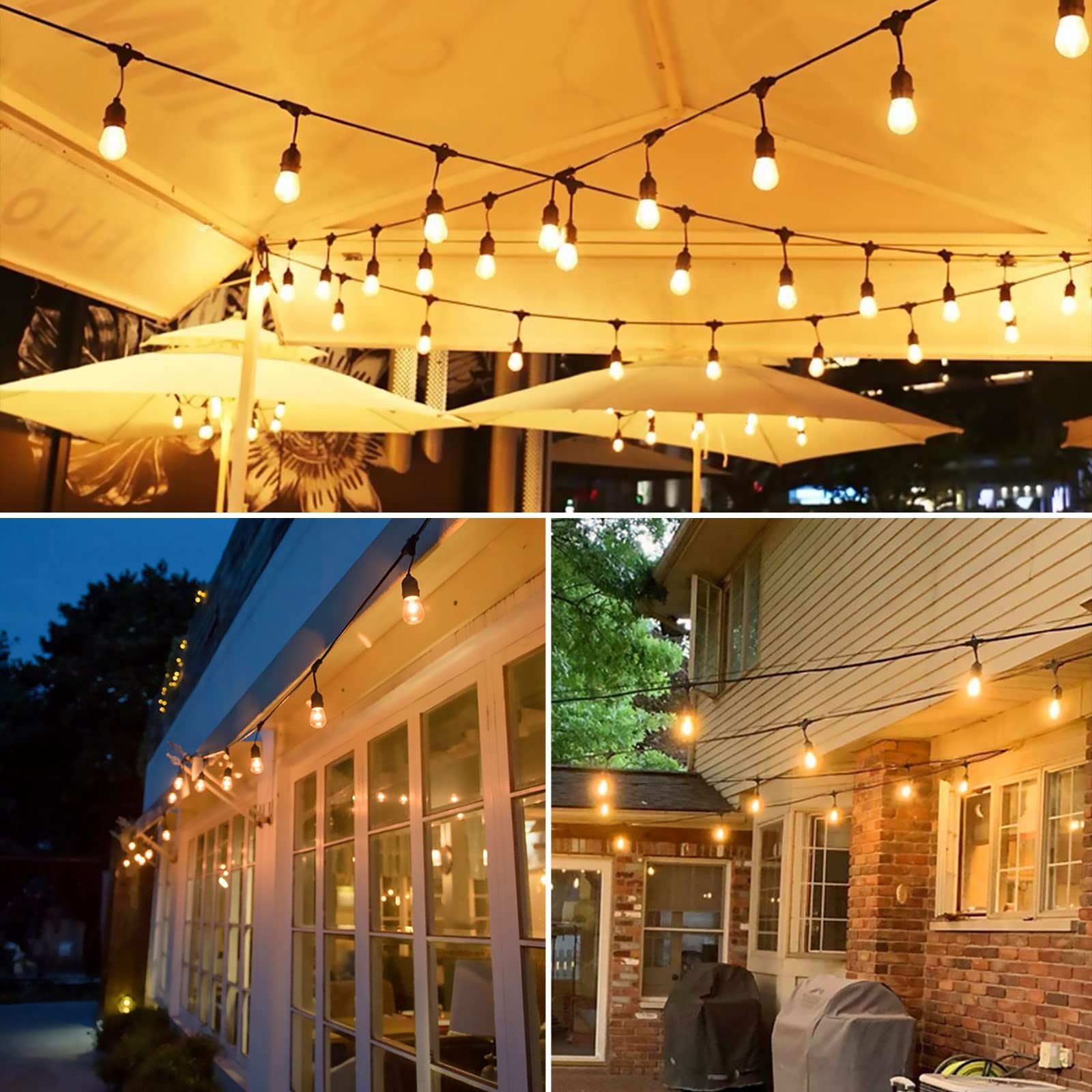 Lichterkette für den Außenbereich, 15 + 1 2 W, S14-Glühbirne, 12 m | 2700 K warmweiße S14 Garten-Soffitten-Lichterkette für Terrasse, Party, Hochzeit, Hof, Pavillon