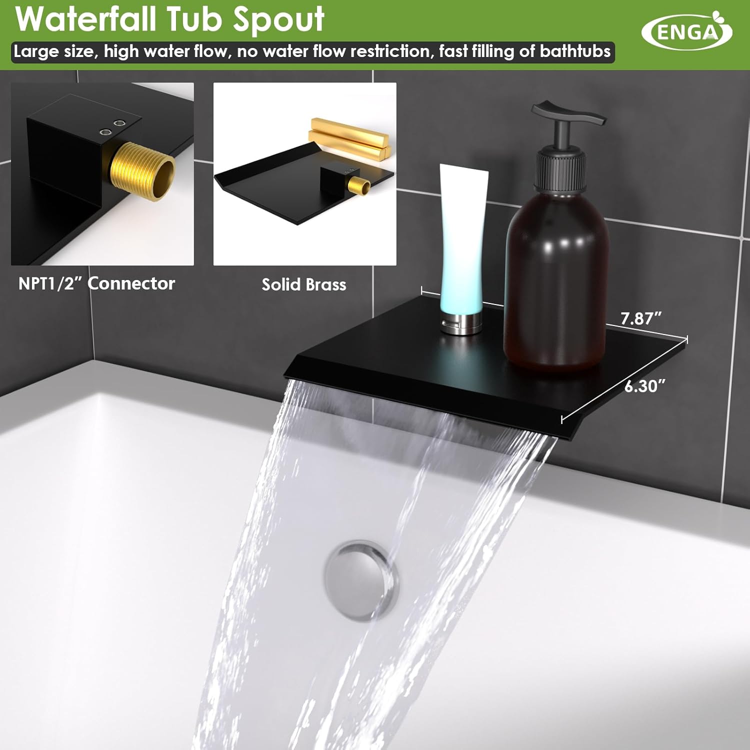 ENGA Dual Shower Head System with Tub Spout, Ceiling Mount 12 Inch Shower Head with 6 Inch Wall Mount Shower Head Shower Faucet Set, Matte Black