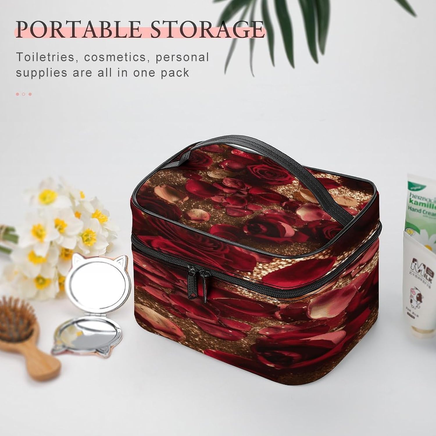 Rose Sparkling Travel Makeup Bags Large Capacity Cosmetic Bag for Women Portable Makeup Artist Organizer Bags Waterproof Make Up Bag Lightweight Hand-held Makeup Case image 5