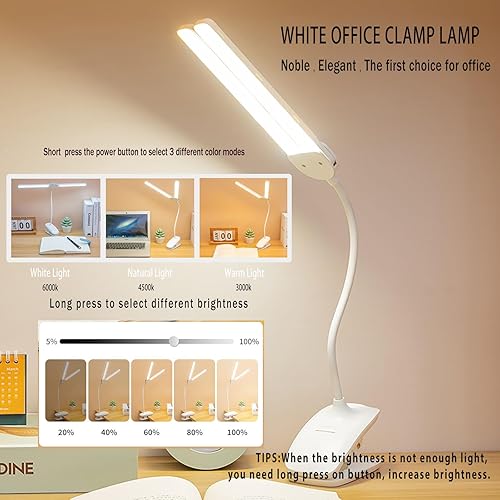 Miniatura 5 de Lámpara de escritorio LED de doble cabeza con abrazadera, luces de clip para oficina en casa, lámparas de mesa recargables de 3800 mAh, 3 modos de