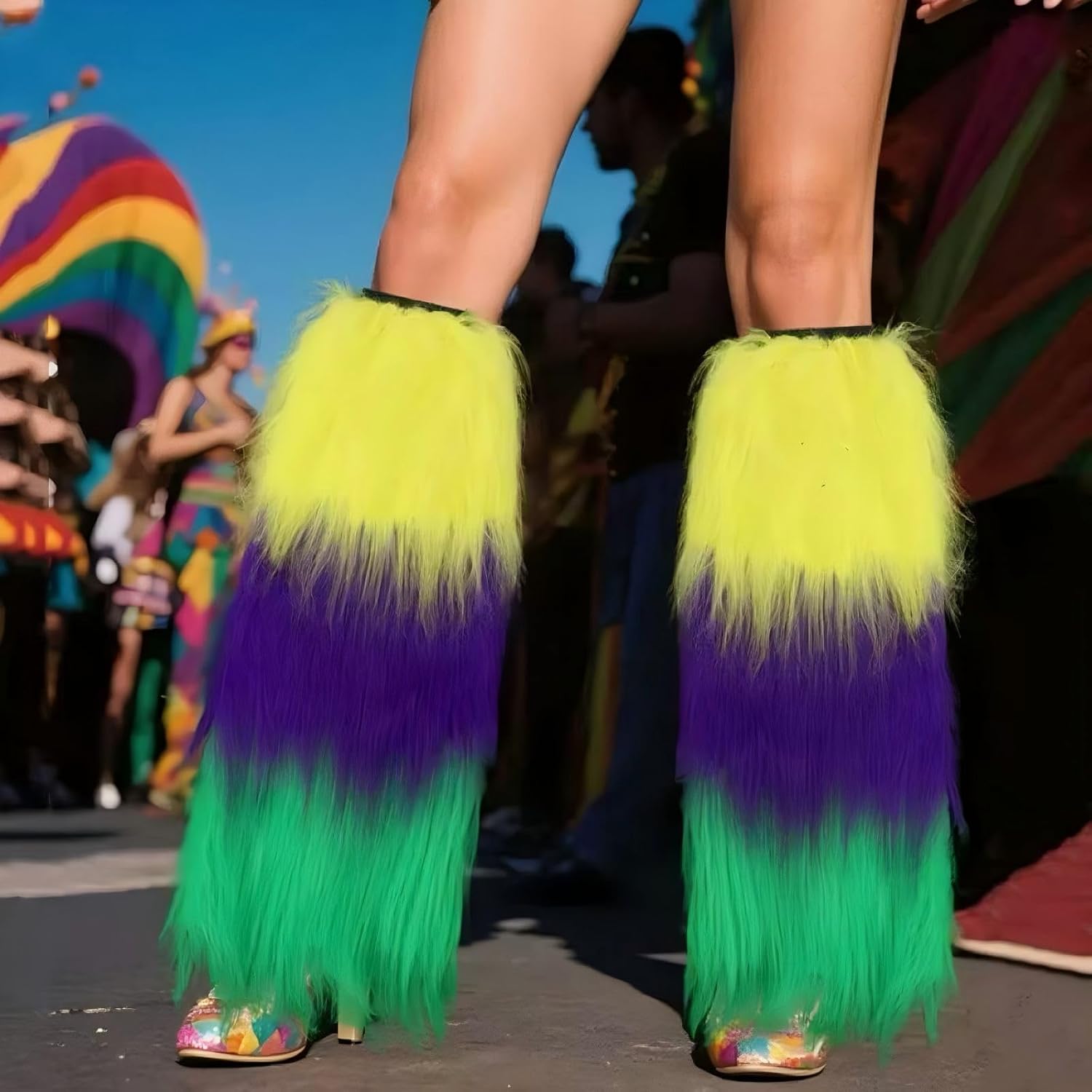 Mardi Gras Long Leg Warmers Covers – Furry Striped Purple, Green & Gold ，Mardi Gras Costume Party Accessories for Women - One Pair.