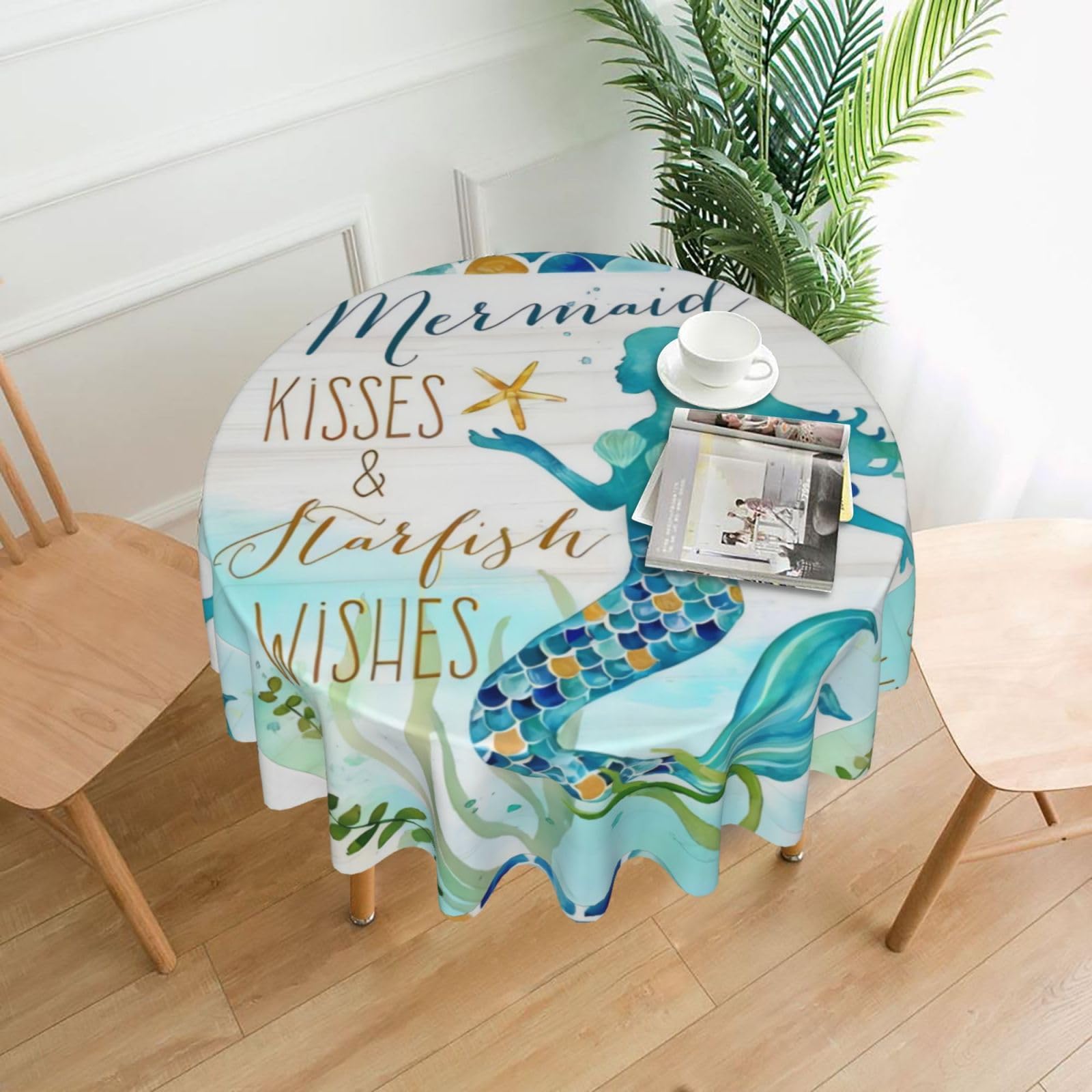 YYHHAOFA Mermaid Prints Round Decorative Tablecloth 60in - High-Grade Polyester Throw for Dining Tables, Parties, & Outdoor Events