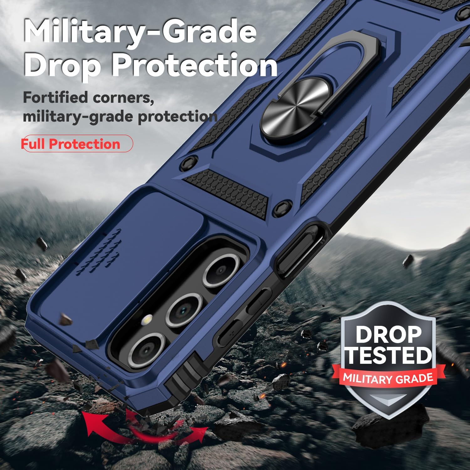 for Samsung Galaxy A16 5G Case with Camera Lens Cover HD Screen Protector, Dual Layer Military-Grade Drop Tested Magnetic Ring Holder Kickstand Protective Phone Case for Samsung Galaxy A16 5G (Navy) Navy Blue with camera cover Military-Grade 2nd gen image 4 of 9 B0DFXNKHM3