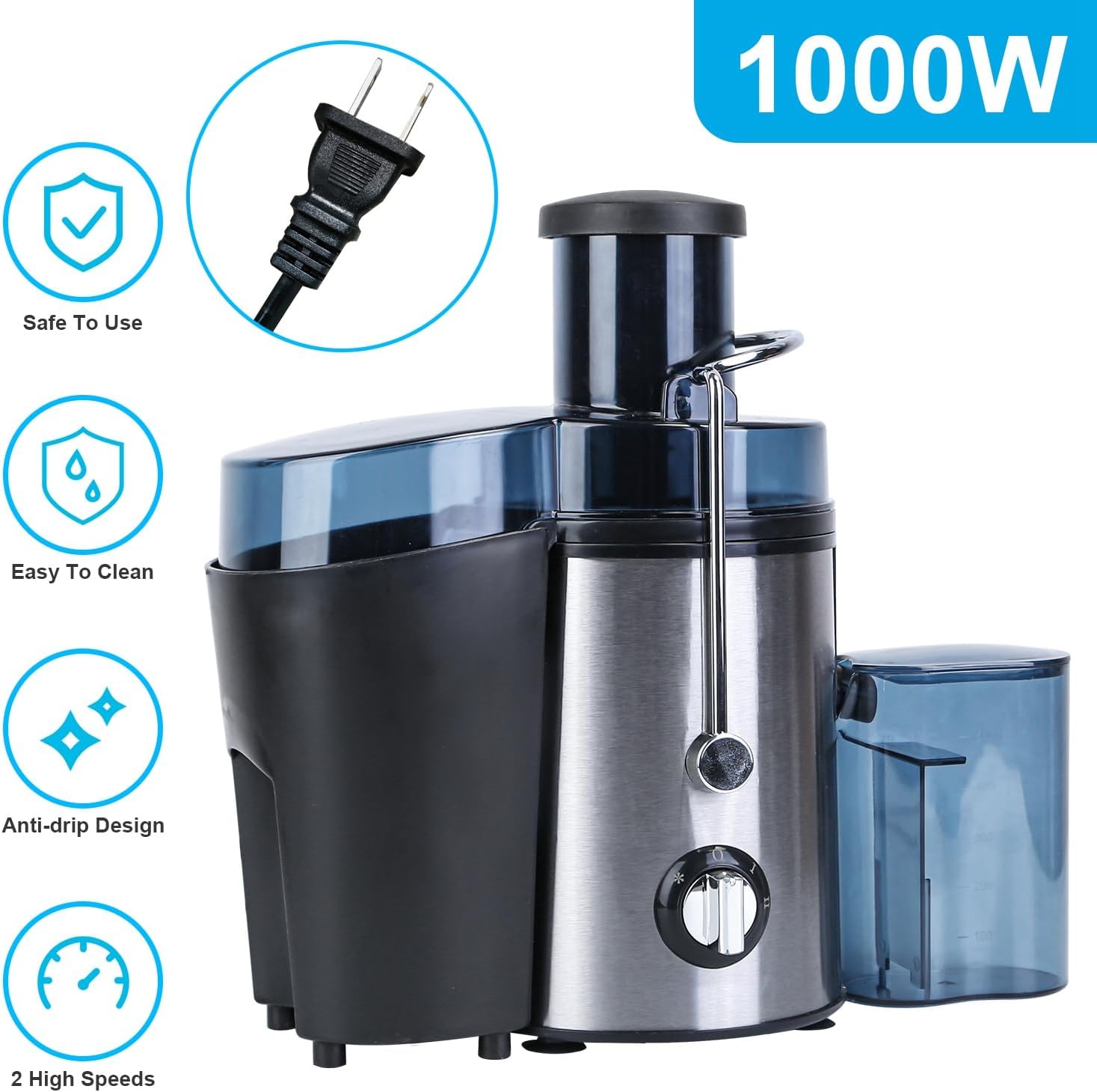 KOCASO 1000W Centrifugal Juicer Juice Extractor with 2 Speeds 2.6in Wide Feed Chute 17Oz Juicer Cup 54Oz Pulp Collector Electric Juicer for Fruits Vegetables