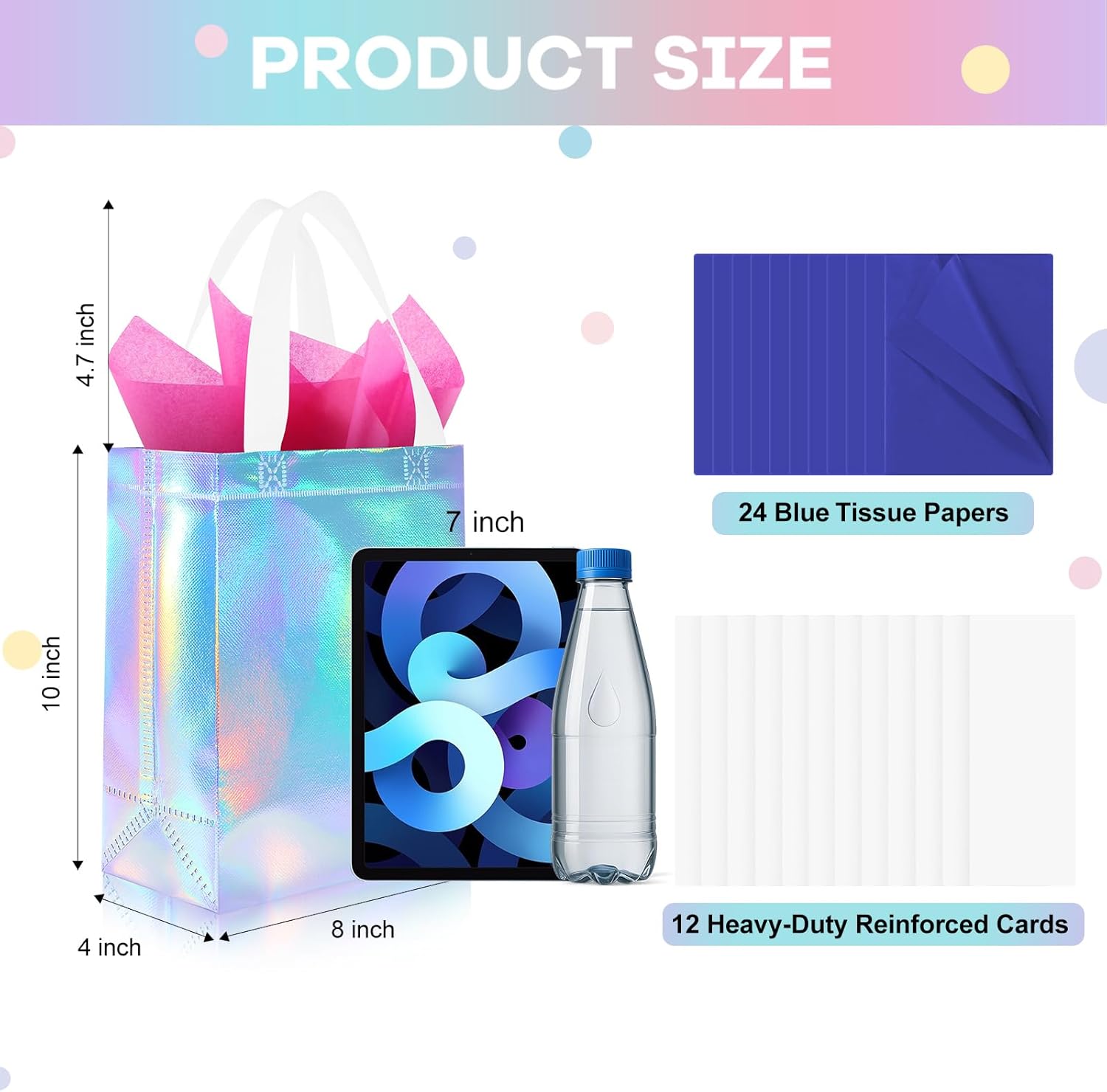 Addblu 12 Pack Reusable Gift Bags with Handles & 24 Tissue Papers, 10x4x8 Inch Iridescent Gift Bags with Cardboard Bases for Shopping, Parties, Birthdays, Weddings, Holiday (Blue Gift Bag) - Image 2