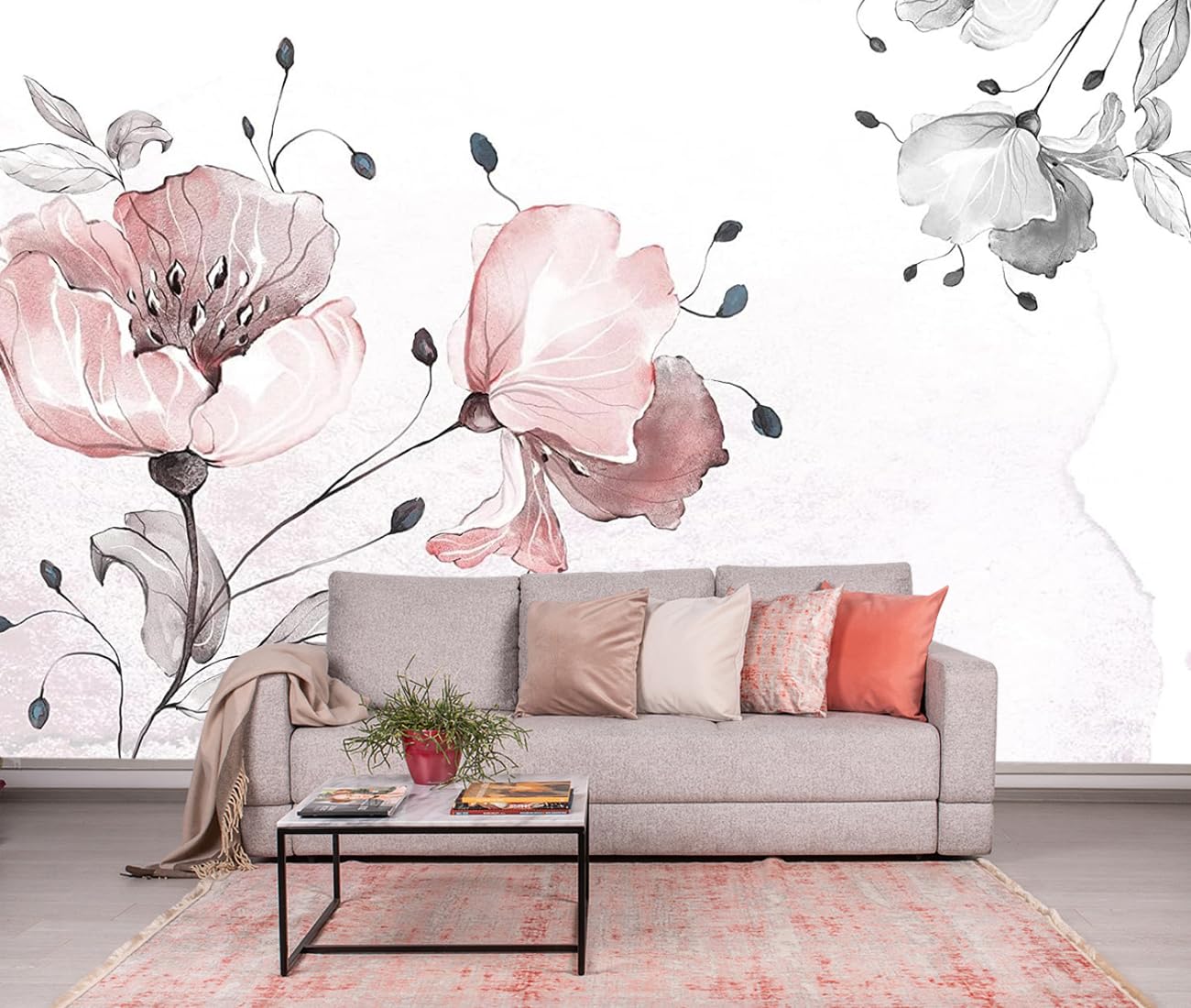 Papel pintado panorámico Nature 3d seda, 410 x 280 cm, papel pintado tropical rosa grandes murales, XXL póster, tapiz panorámico para sala de estar, niña, adulto habitación de niños decoración