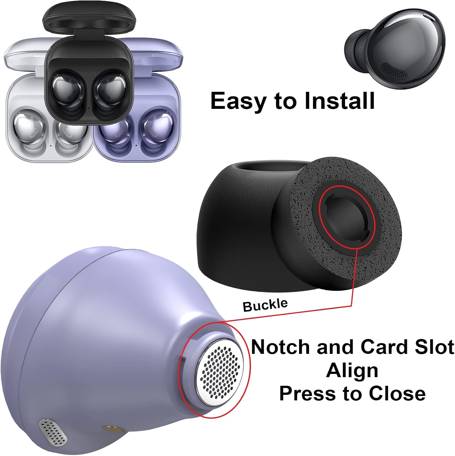 3 Pairs Memory Foam Ear Tips for Samsung Galaxy Buds Pro,Ear Tips Replacement with Three Sizes S/M/L,No Silicone Eartips Pain Reducing Noise Earbuds Anti-Slip Replacement Ear,Fit in The Case(Black)