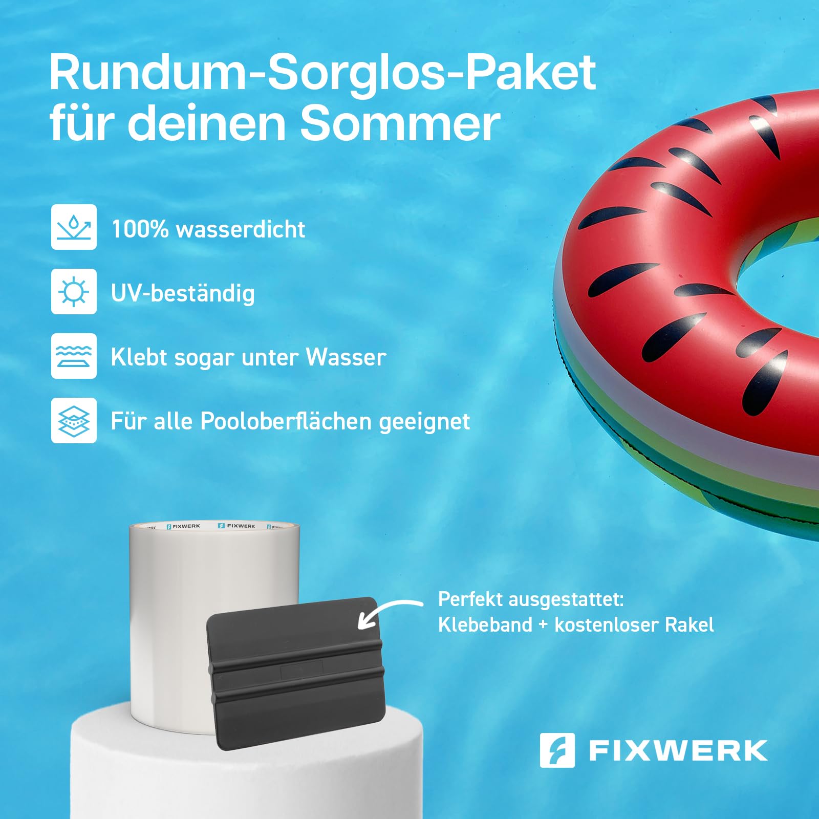 Pool Reparaturset inkl. Rakel | starkes wasserdichtes Unterwasser Klebeband | Flickzeug zum Abdichten von Pools | selbstklebendes Abdichtband für alle Pooloberflächen | 10cm x 150cm (transparent)