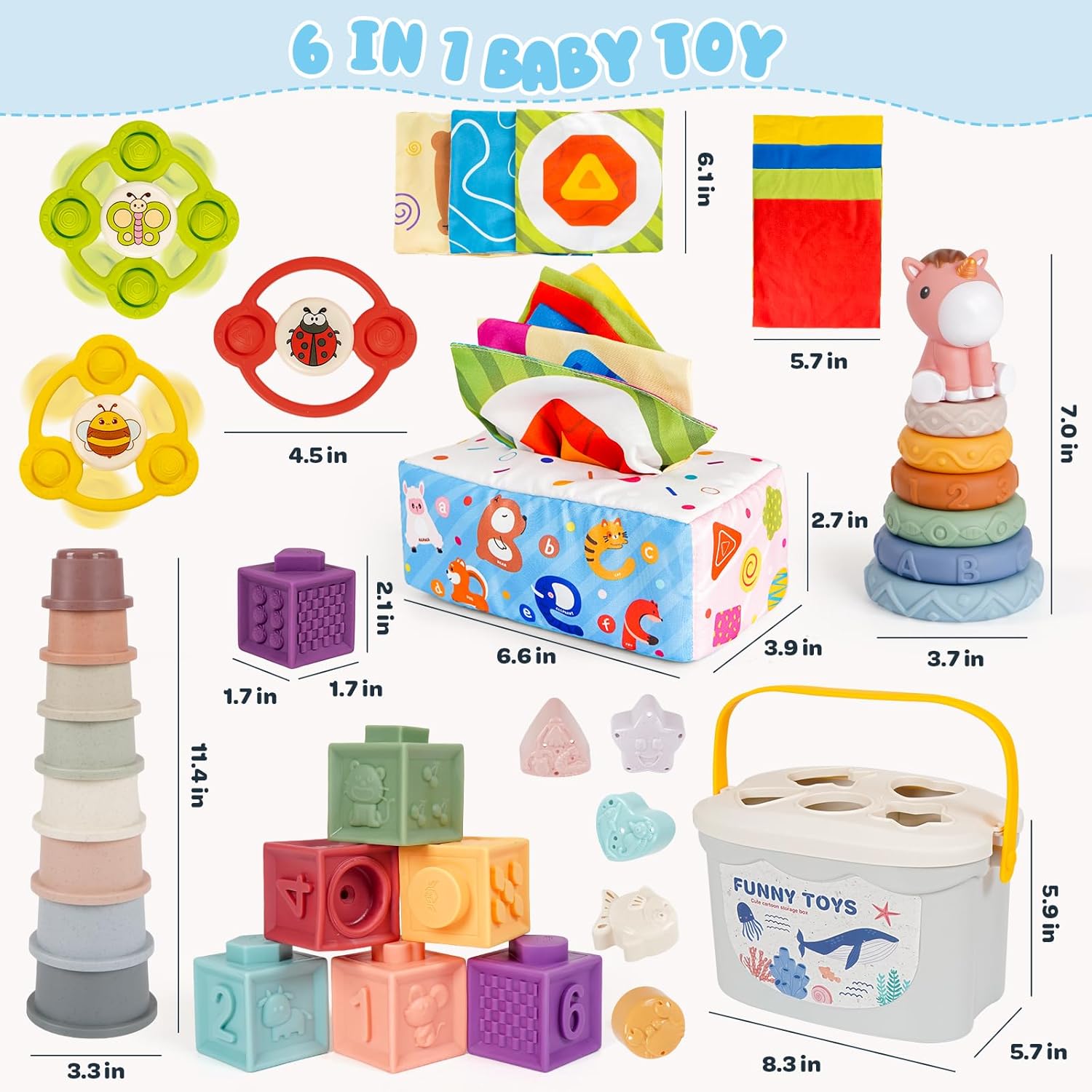 Montessori Toys for Babies 6-12-18 Months 6 in 1 Infant Toy Stacking Cups, Shape Sorter Box, Suction Spinner, Building Blocks Ring, Tissue Box, Learning Gift for Toddler 1 2 3 Year Old