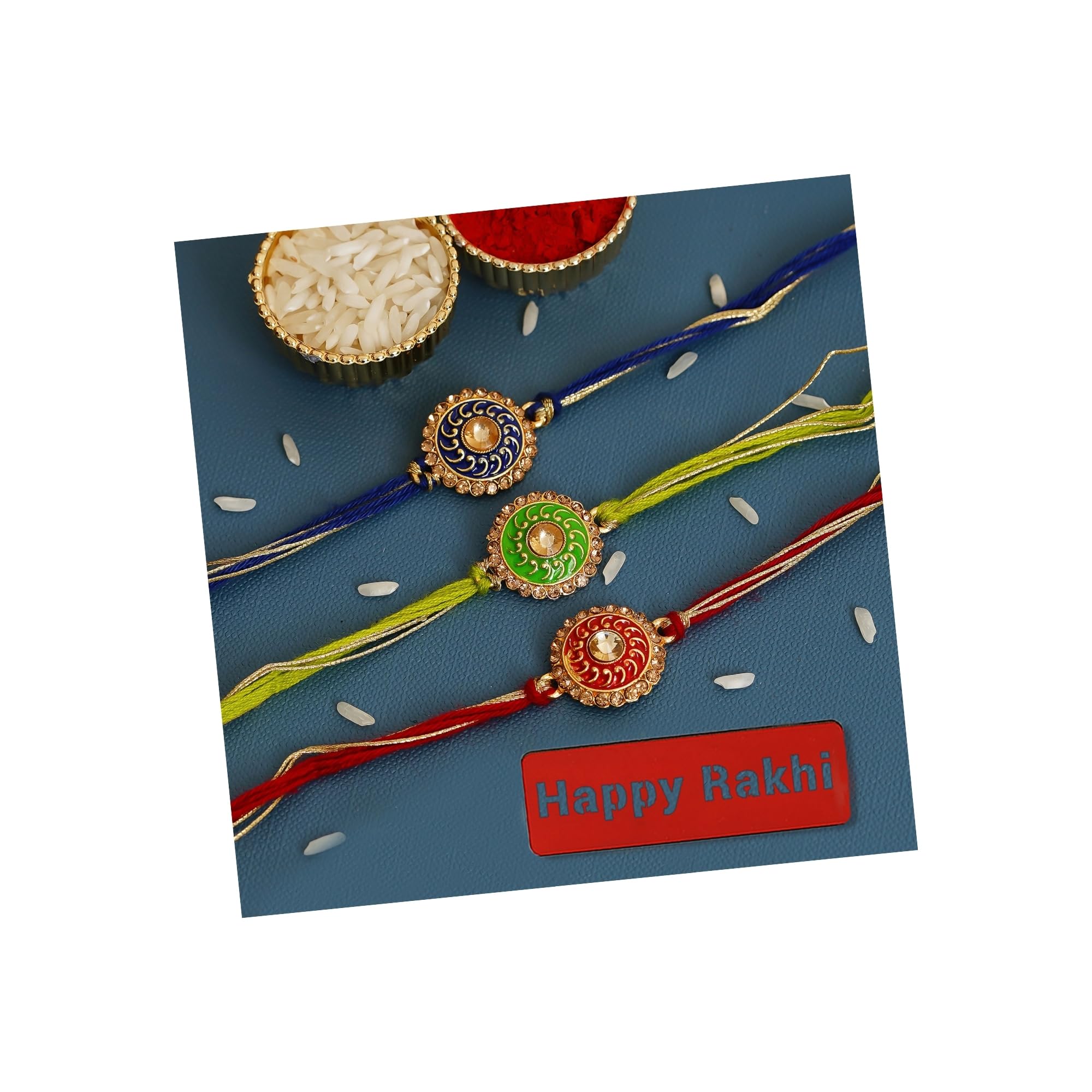 eCraftIndia Set of 3 Blue, Green & Red Meenakari Designer Rakhis, Happy Rakhi Wooden Cutout with Roli Chawal Pack - Rakhi for Brother, Bhaiya, Bhai (B0D1CFFLLG) Amazon Price History, Amazon Price Tracker