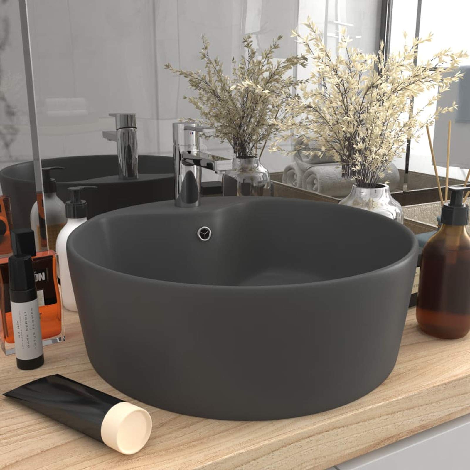 Lavabo Lujoso con rebosadero cerámica Gris Oscuro Mate 36x13 cm, Fregadero, Lavabo Baño, Lavamanos Baño, Lavatorio Casa De Banho, Mueble Lavabo sobre Encimera