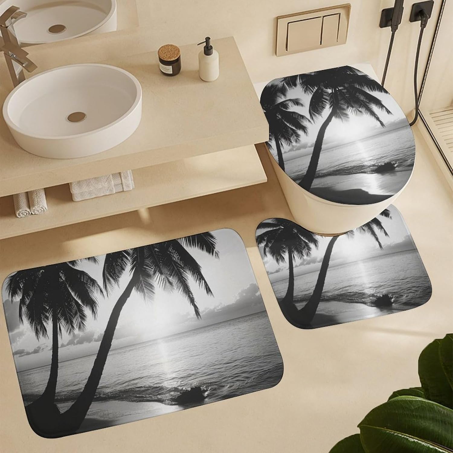 4Pcs Ocean Beach Shower Curtain Set with Rugs, Toilet Lid Cover and Bath Mat, Tropical Palm Tree Plants Sea Waves Bathroom Curtains Decor Shower Curtains, 72" x 72"