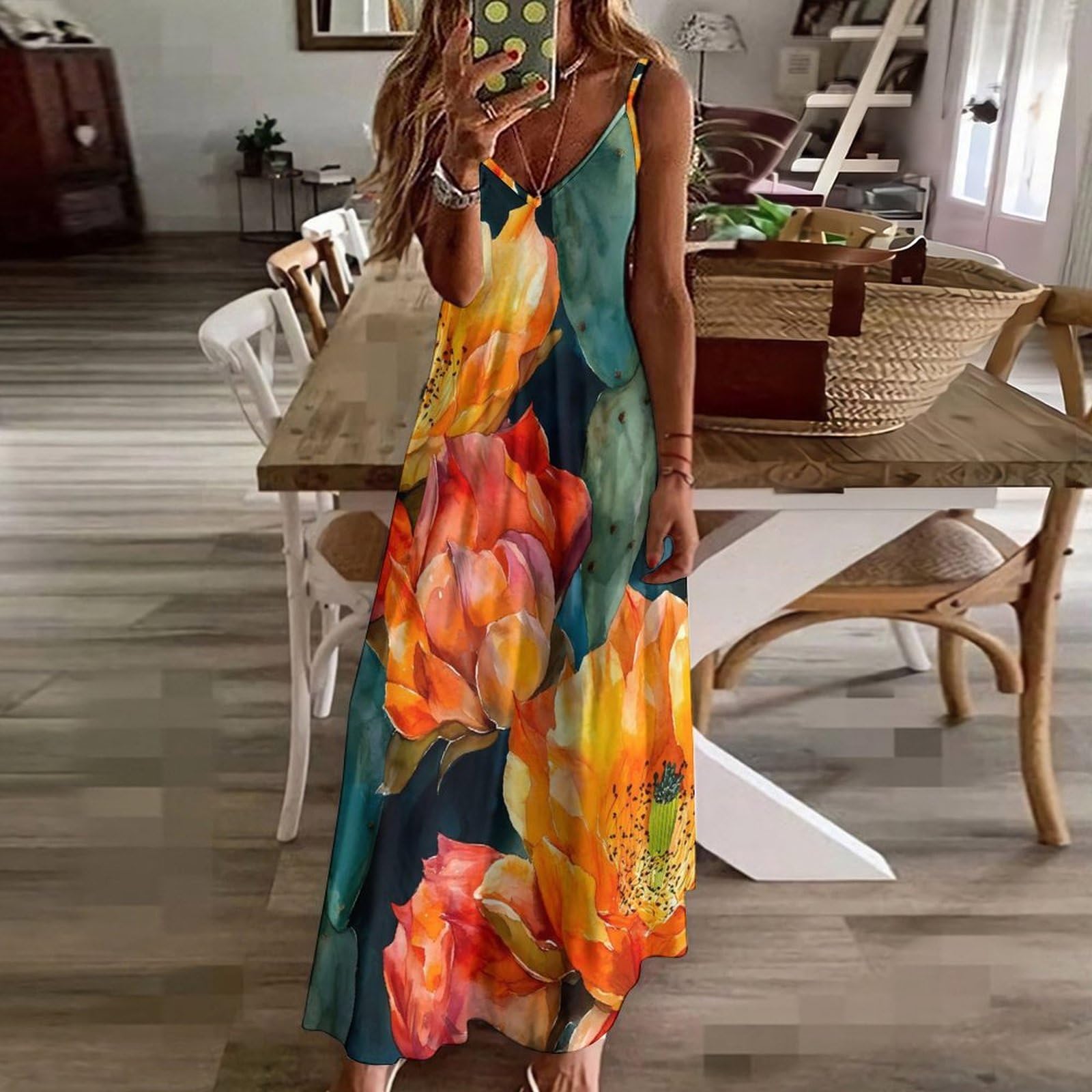 Vestido largo casual con estampado de flores de cactus naranja para mujer, con tirantes delgados ajustables, vestido de playa