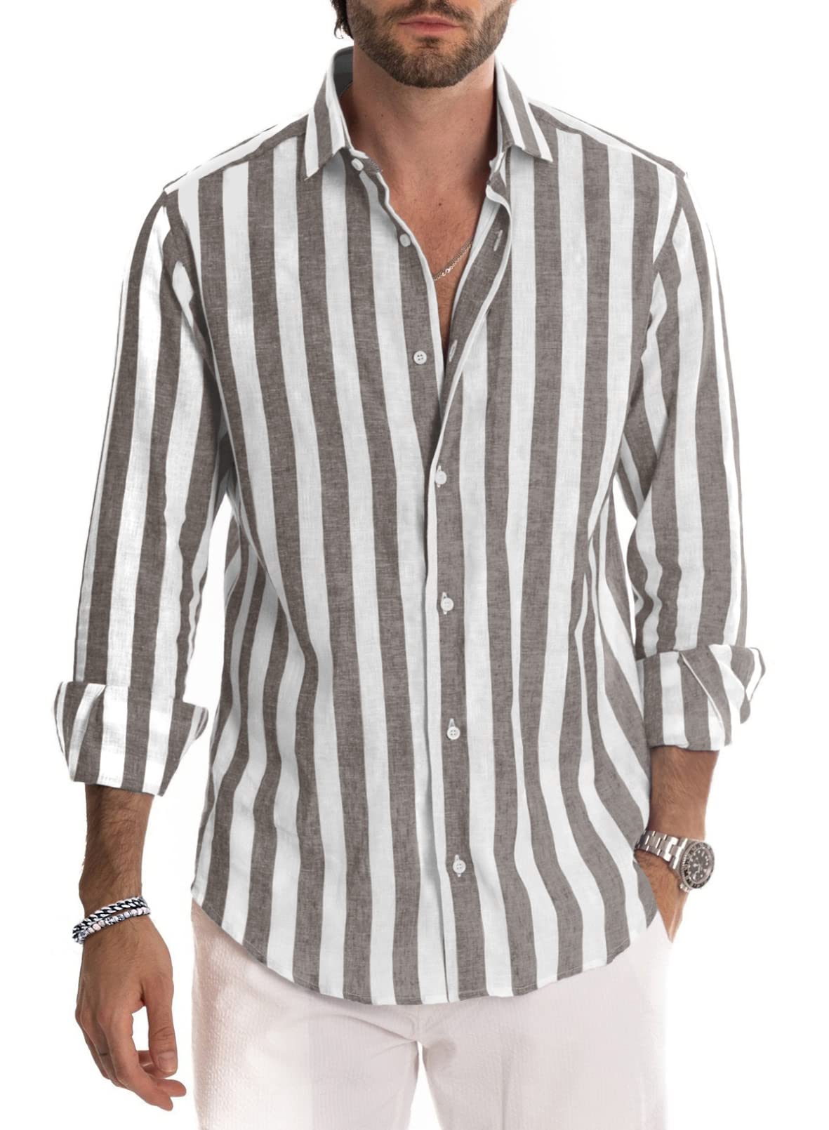 Meilicloth Camicia Uomo a Righe Cotone Manica Lunga Casual Lino Trama Western Regular Fit