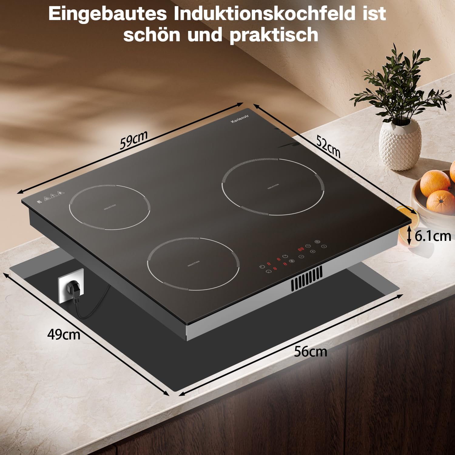 Induktionskochfeld 3 Platten, 60cm Induktionsherd mit Boost | 3500W, 9 Leistungsstufen, Touch-Bedienung, Eingebauter, Sicherheitssperre, Stecker, Timer, Hinweis zur Restwärme