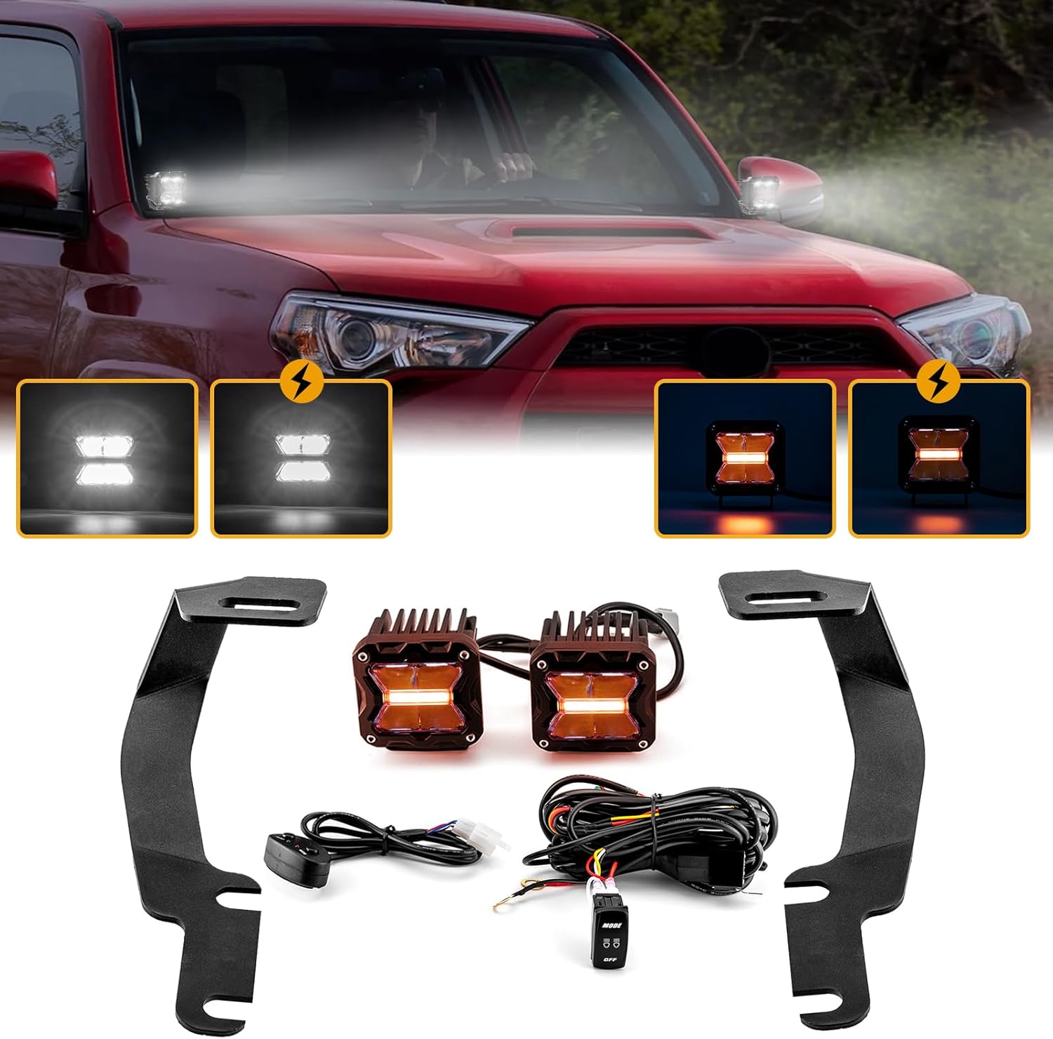 WeiSen Ditch Hood Light Mounting Brackets Kit with 3 Inch LED Light Pods Wiring Harness Compatible with Toyota 4Runner 2009-2024, Fit Tundra 2007-2021