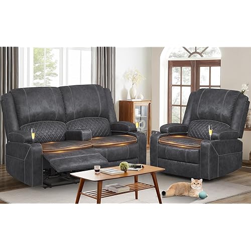 Velvet Fabric Loveseat Recliner Sofa Set with 2-Tier Cushion, 2+1 Pieces in Living Room, 2 Seater Reclining Loveseat with Removable Console, 1 Oversize Recliner Chair Sofa Seat - Grey