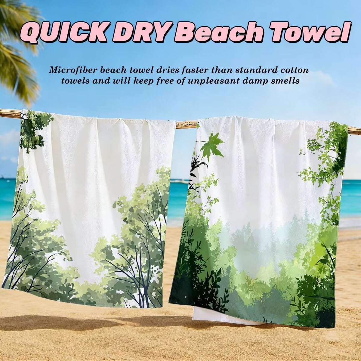 Toalla Playa 80x160 cm, Toalla Gimnasio Microfibra Secado Rapido, Juego de 2 Antiarena Toallas de Playa, Ligera Compacta Toallas Microfibra Grande para Viaje, Regalo Hombre Regalo Mujer (Planta) -5145