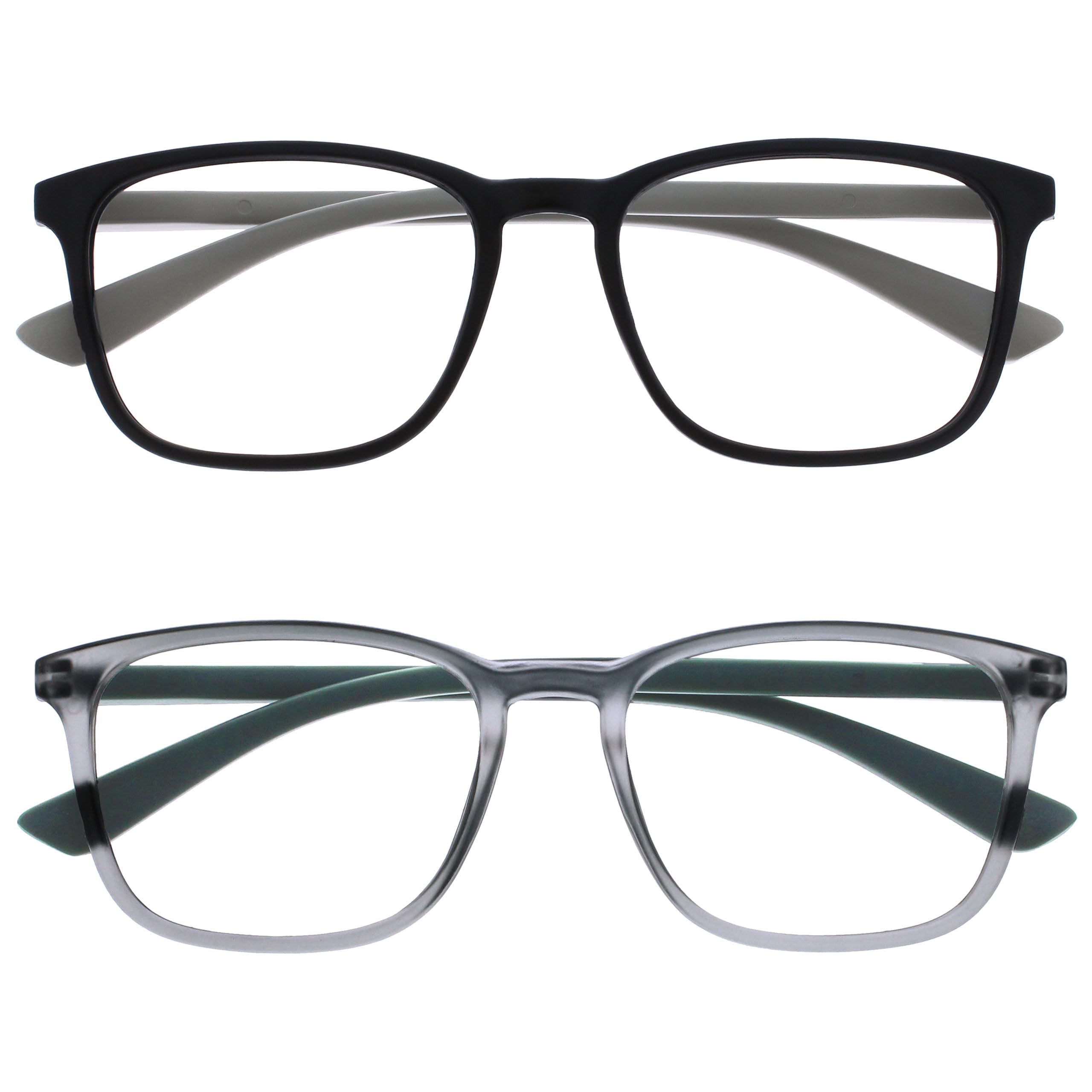 OPULIZE Max Reading Glasses 2 pack, Classic Large Rectangular Frame, Matt Black Grey, Men's Women's Unisex, Spring Hinges