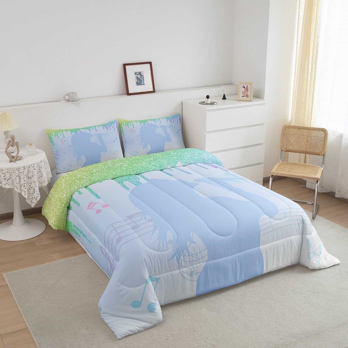 jejeloiu Girls Singer Comforter Set Blue Music Bedding Set Twin Size Glitter Fashion Women Comforter Room Decor Lightweight Bed Set with 1 Comforter, 1 Pillow Case Quilt Set