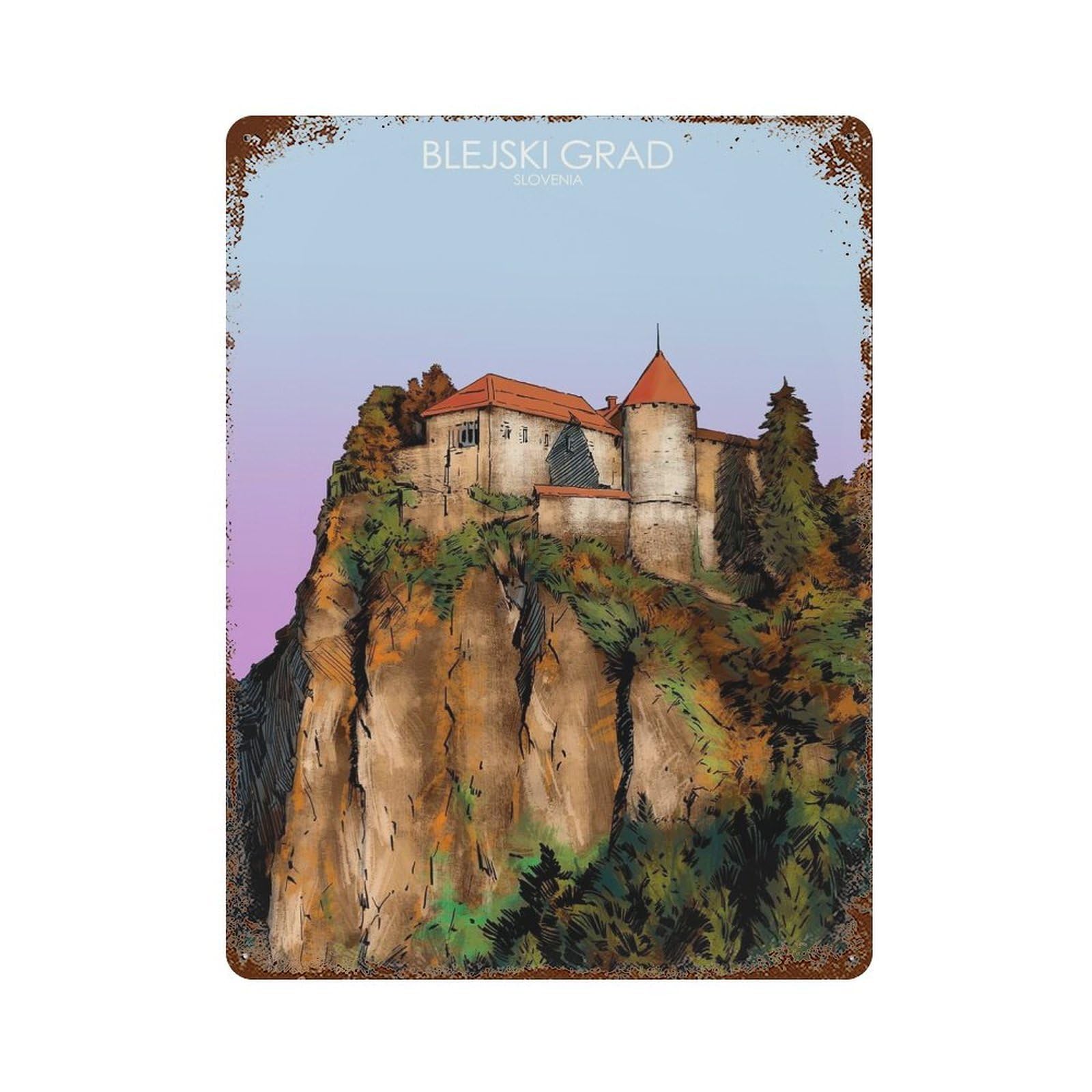Garage Style Bled Castle in Slovenia Distressed Metal Wall Sign 15.7"x11.8", Vintage Wall Decor for Bar And Workshop