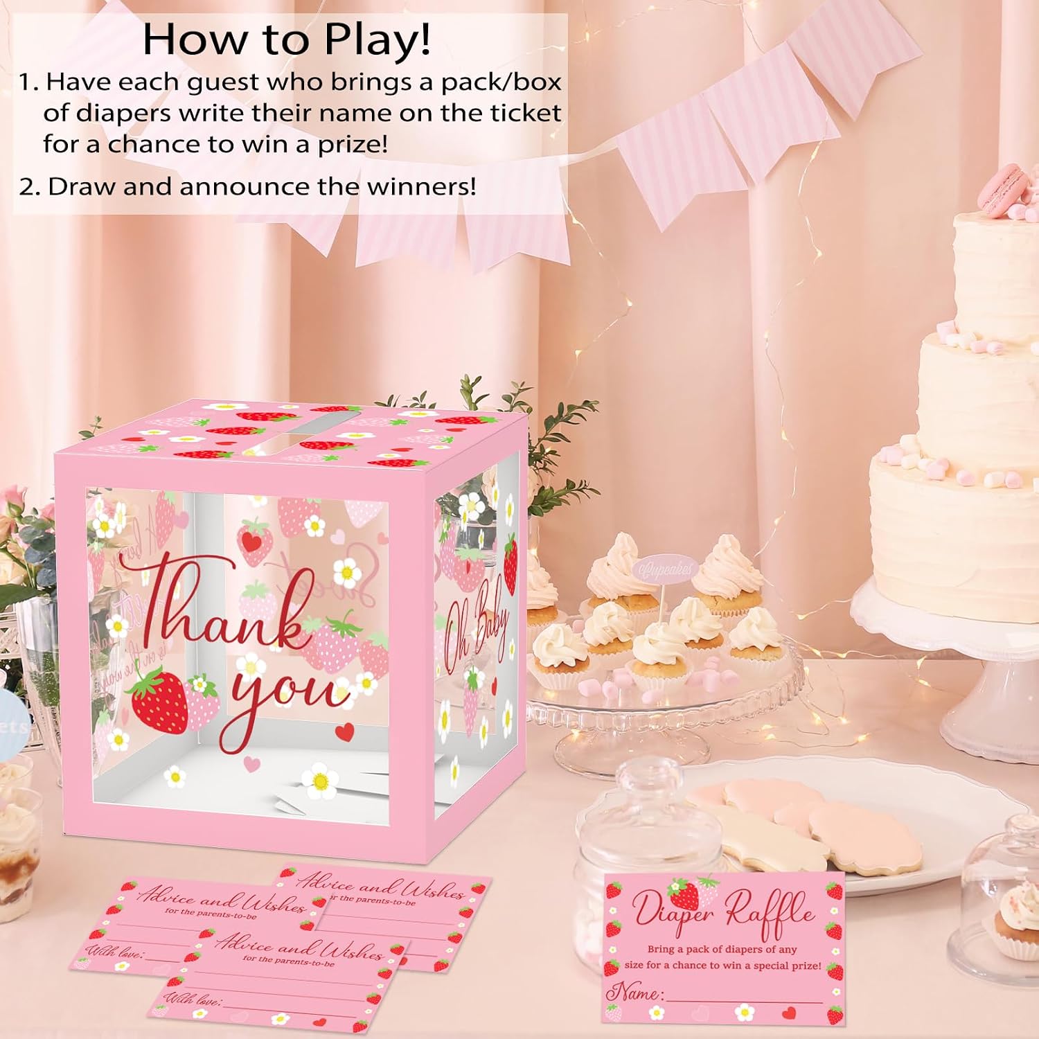 51Pcs Strawberry Diaper Raffle Tickets with Box for Baby Shower Games, A Berry Sweet Baby Is On The Way Diaper Raffle Card Box for Gender Reveal Raffle Party Decoration Clear Card Boxes