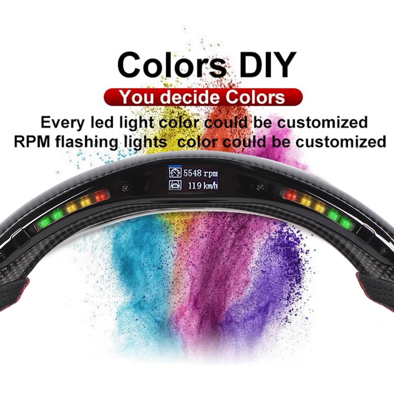 Rueda de volante de fibra de carbono real vacía con más de 20 datos de conducción y luces de giro personalizadas RGB para rendimiento de riel