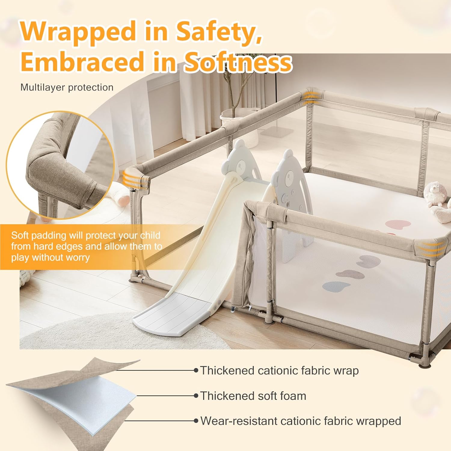 Foldable Baby Playpen with Double Door, 79"×71" Extra Large Playpen for Babies and Toddler,Play Yard with Breathable Mesh, Baby Fence Play Area for Indoor & Outdoor,Khaki