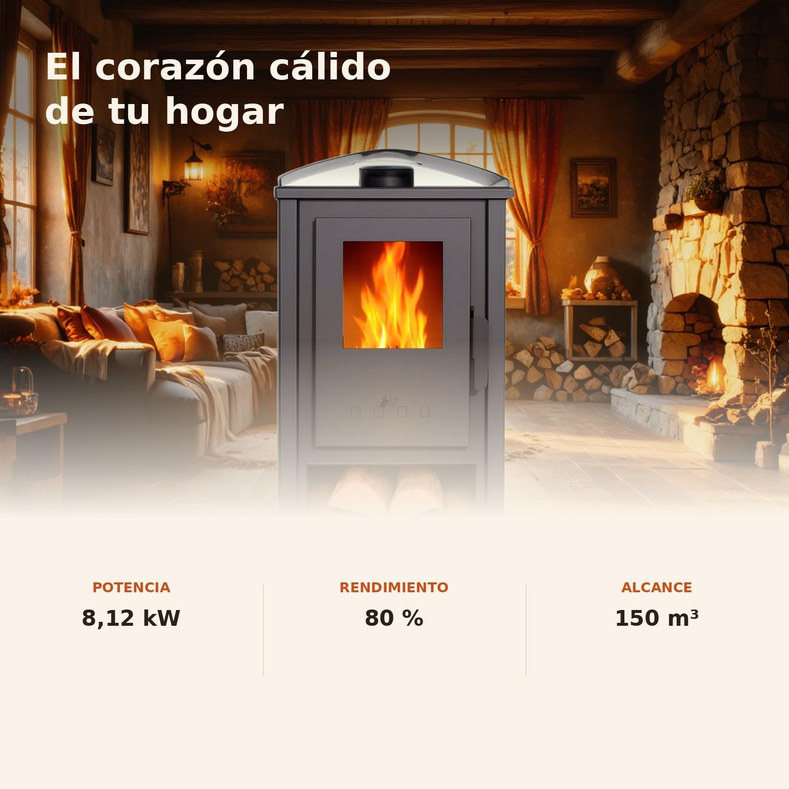 EIDER BIOMASA Estufa de Leña AMINA – 8,12 kW – Rendimiento 80% – Hasta 125.0 m³ – Doble Combustión – Certificada CE
