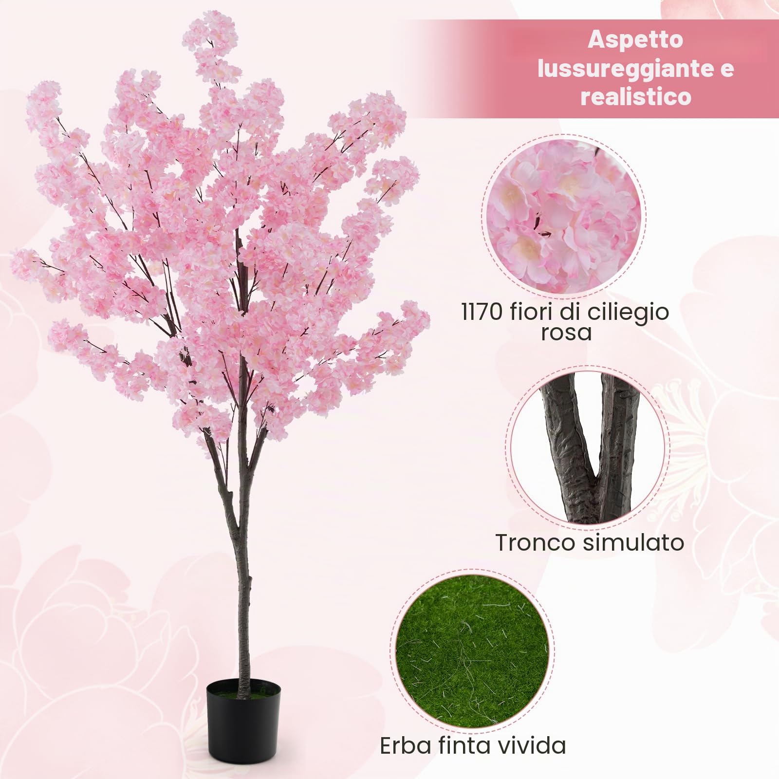 GIANTEX Albero di ciliegio artificiale alto 190 cm con 1170 fiori rosa, Meceta pieno di cemento, pianta decorativa interna per festa di matrimonio, ingresso, soggiorno
