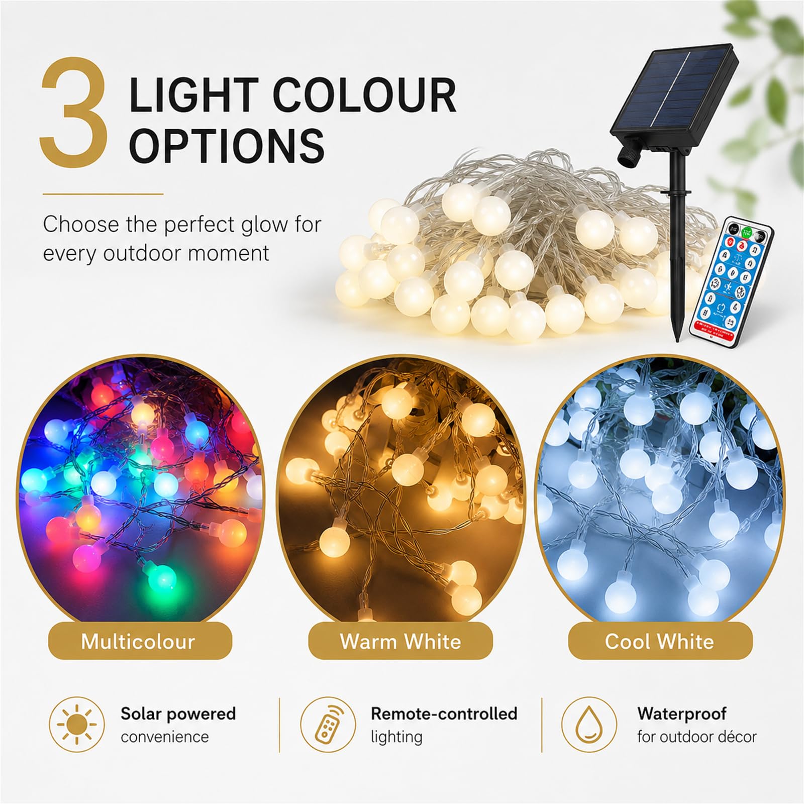 Solar Lichterkette Außen Kugelförmig aus Kupferdraht, mit Fernbedienung 8 Lichtmodi, IP65 Wasserdicht Auto Ein/Aus, Deko für Garten Balkon Terrasse Weihnachten Party (Weiß,52m/400LED)