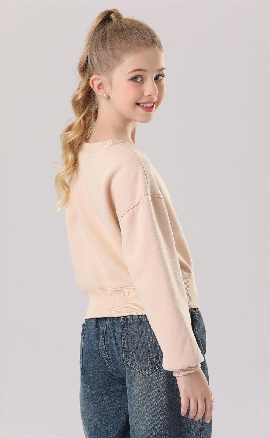 Girls Crew Neck Long Sleeve Cropped Sweatshirts Cute Loose Fit Pullover Tops - Image 4