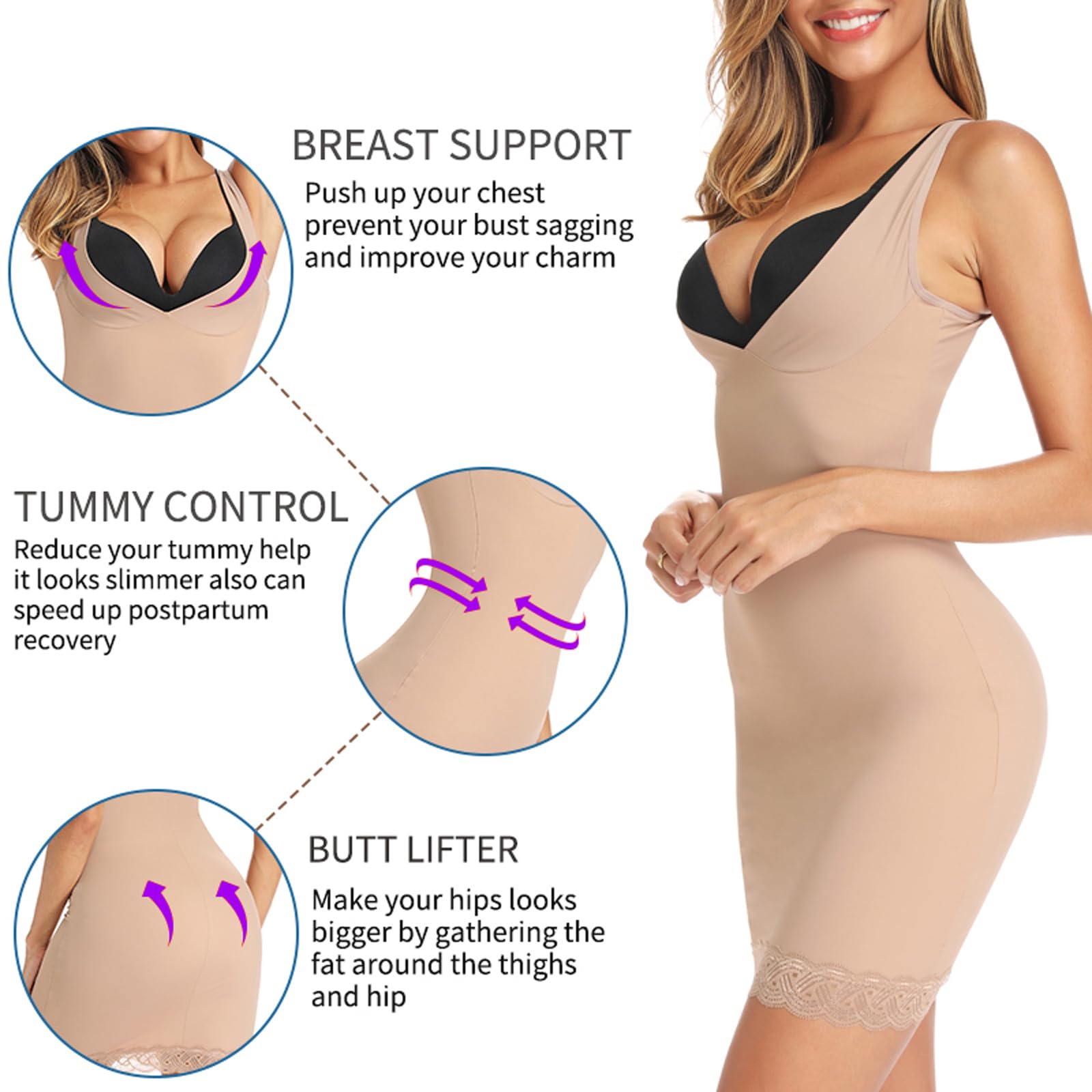 Vestido Moldeador para Mujer, Camisola con Control de Barriga, Vestido Completo con Encaje sin Costuras, Moldeador de Cuerpo Adelgazante