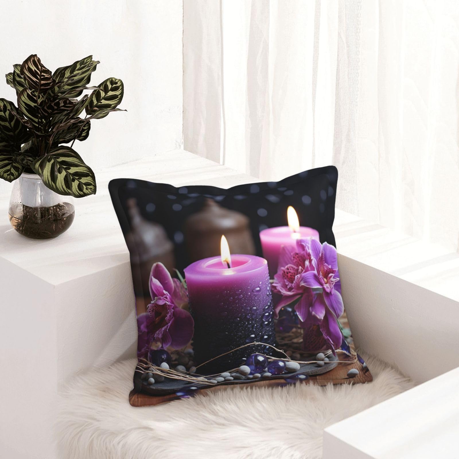 Housse de coussin en similicuir violet haut de gamme 50x50 cm à motif floral moderne | Lot de 2