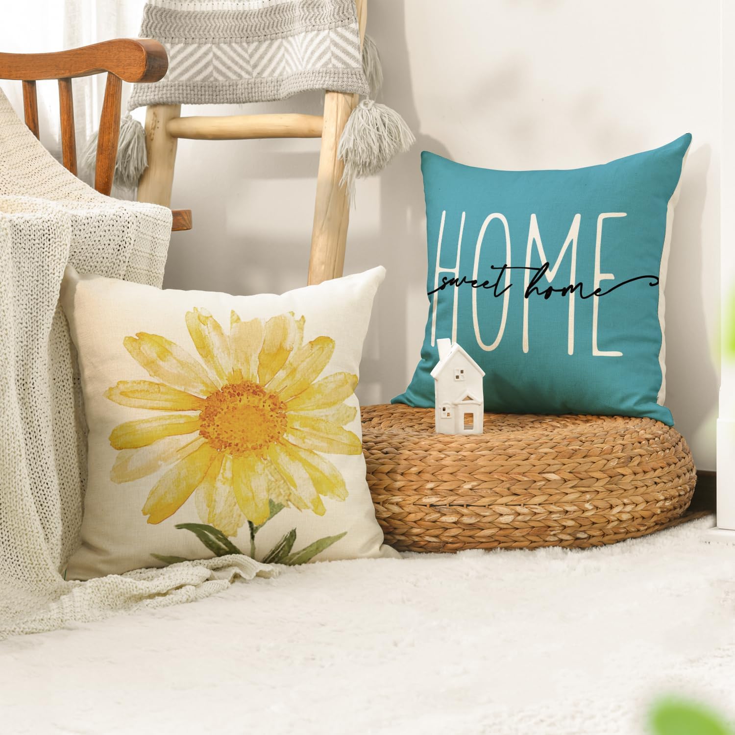 AVOIN colorlife Home Sweet Home Spring Summer Flowers Yellow Throw Pillow Covers, 18 x 18 Inch Blue Cushion Case for Sofa Couch Set of 4 - Image 5